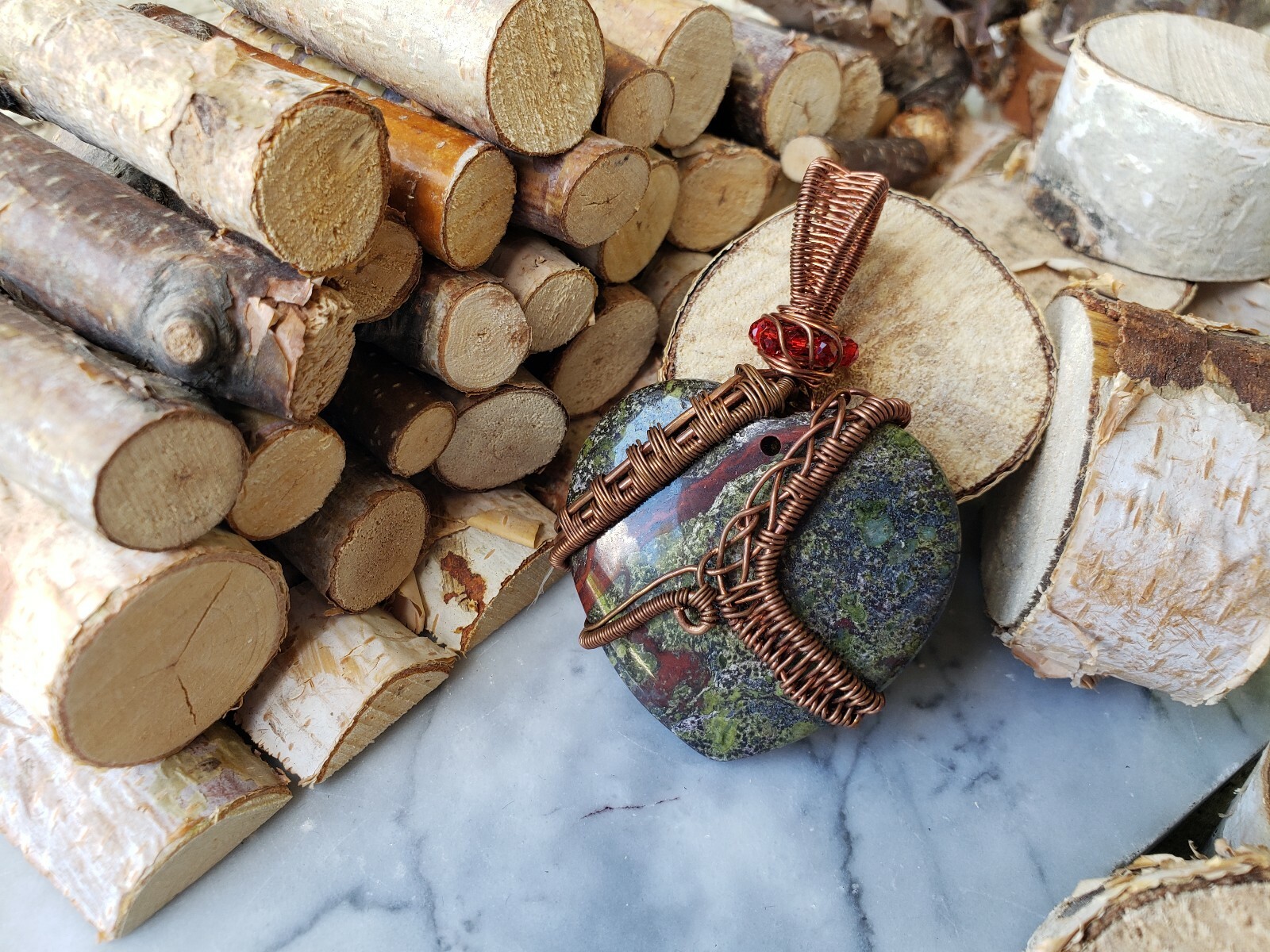 Natural Dragon Bloodstone Jasper Wire Wrapped Copper Pendant Handmade Jewelry