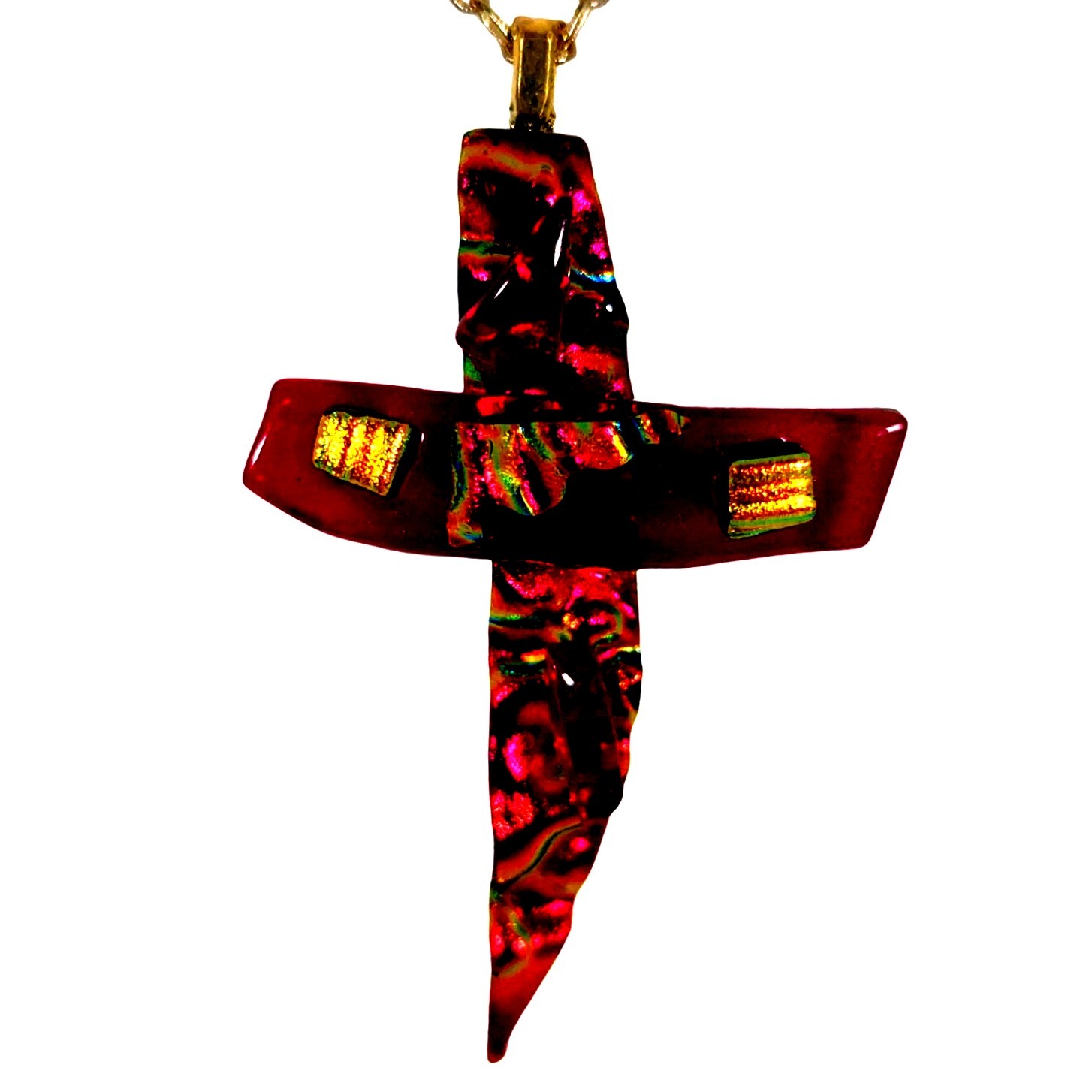Dichroic glass Cross pendant and Chain Gold plated