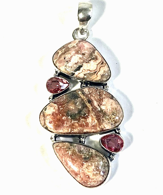 Rhodochrosite & Pink Topaz 5 Gemstone Handcrafted Pendant 18.5 grams 2.8″