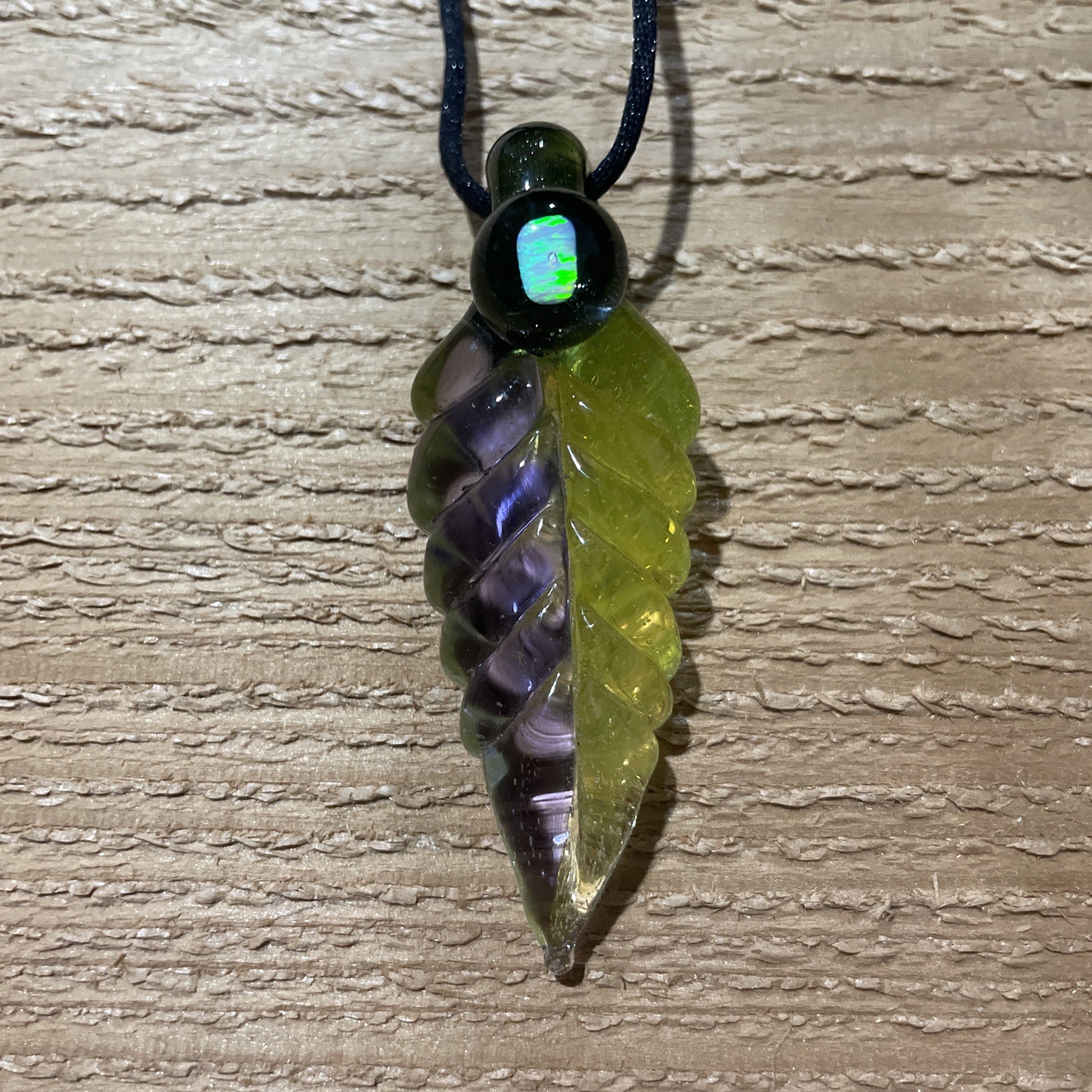 2.5” Glass Hand Blown Leaf With Encased Opal Yellow Purple Green Pendant 13”