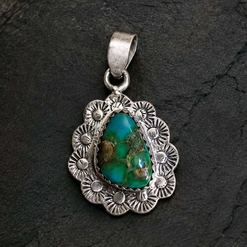 Vintage Style Sterling Silver Turquoise Floral Pendant Southwestern Jewelry