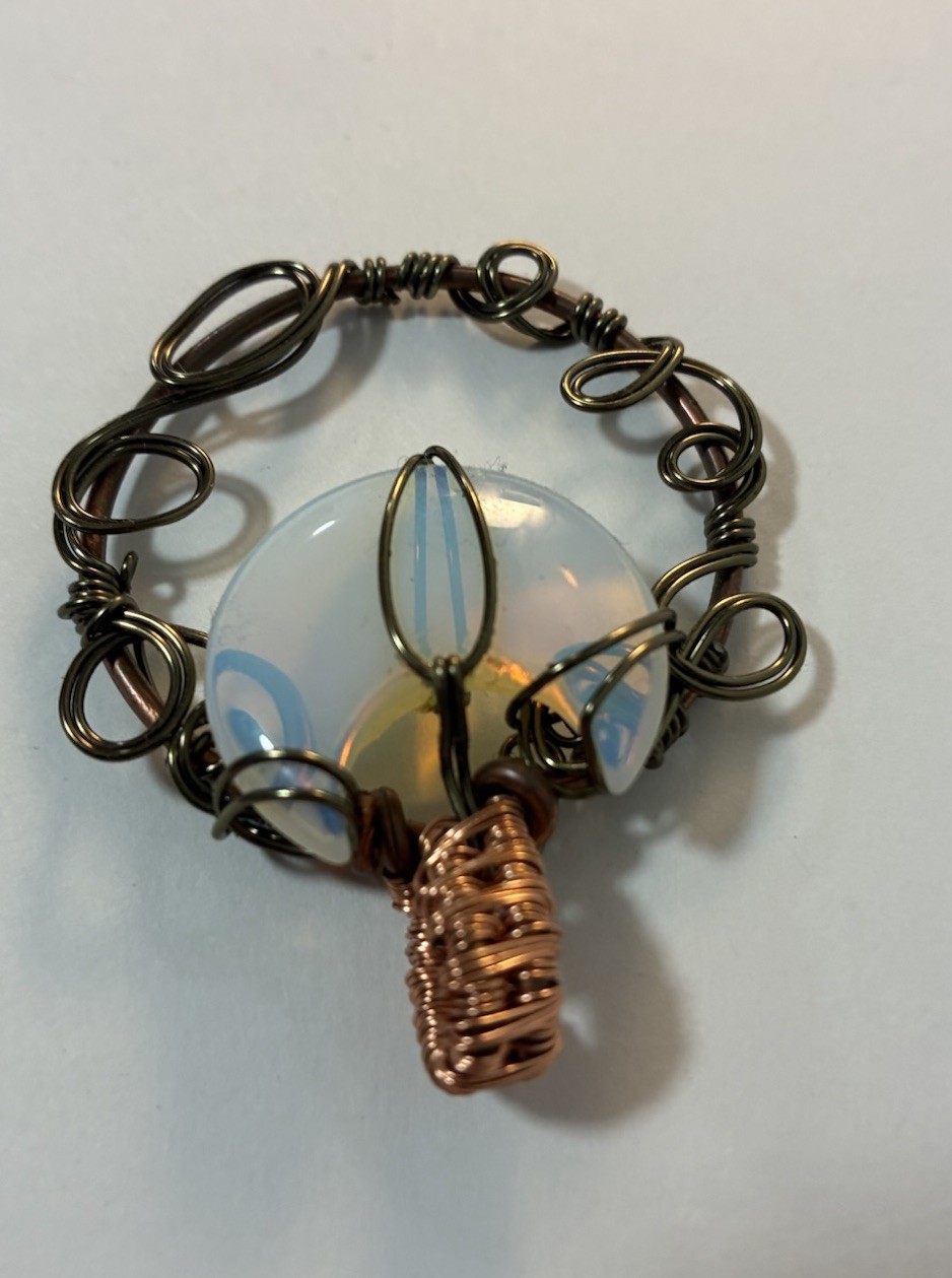 Handmade Wire Wrapped Opalite Crescent Moon Pendant Bronze Copper Tone Boho