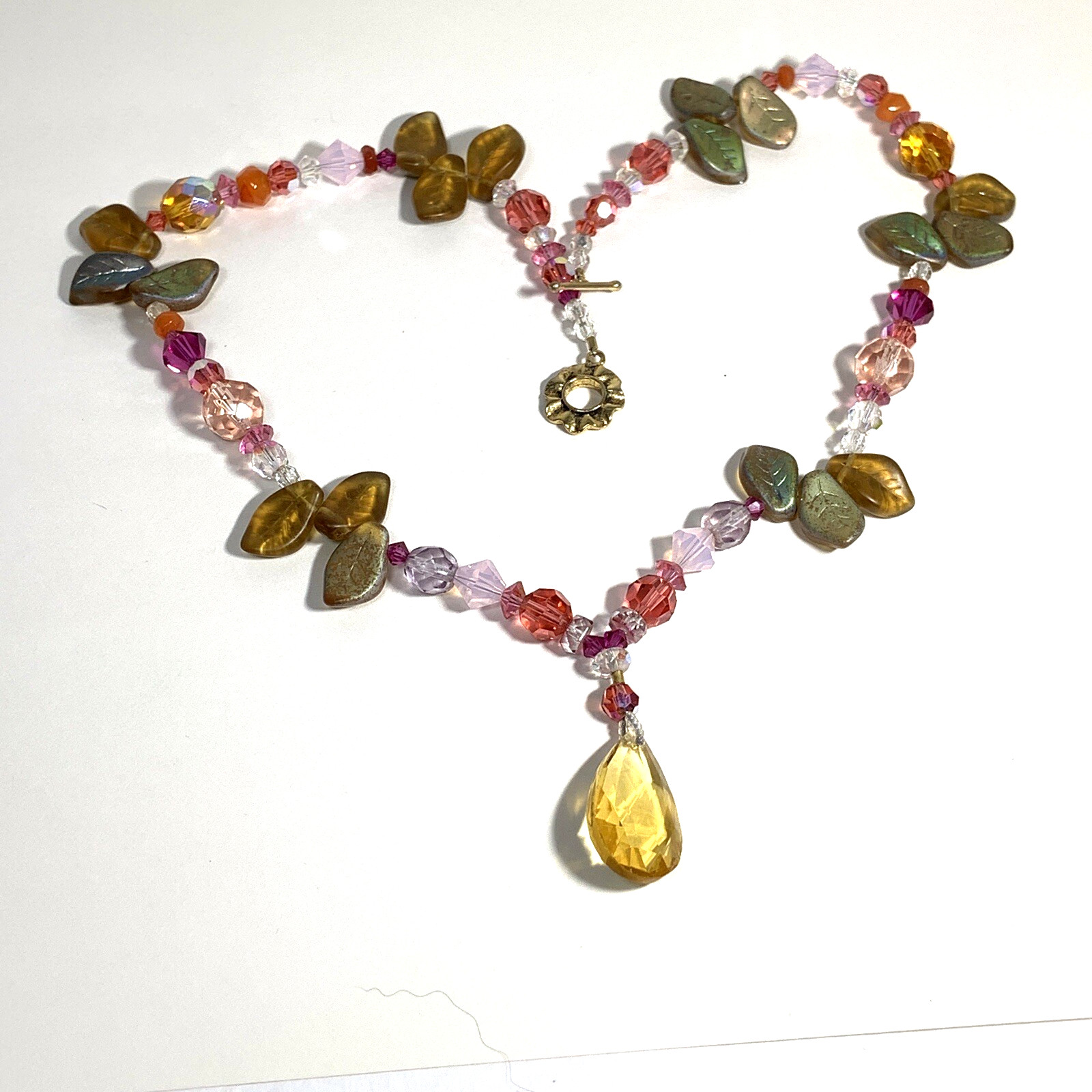 HANDCRAFTED Crystal Glass BEAD NECKLACE Molded Leaf TEARDROP PENDANT Pink Gold