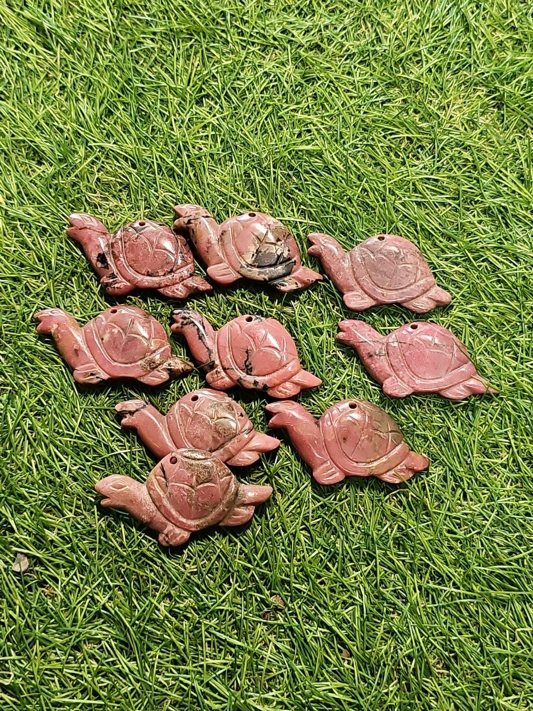 9 Carved Rhodonite Turtle Pendant Figurine Pink Stone Animal Charm Bead