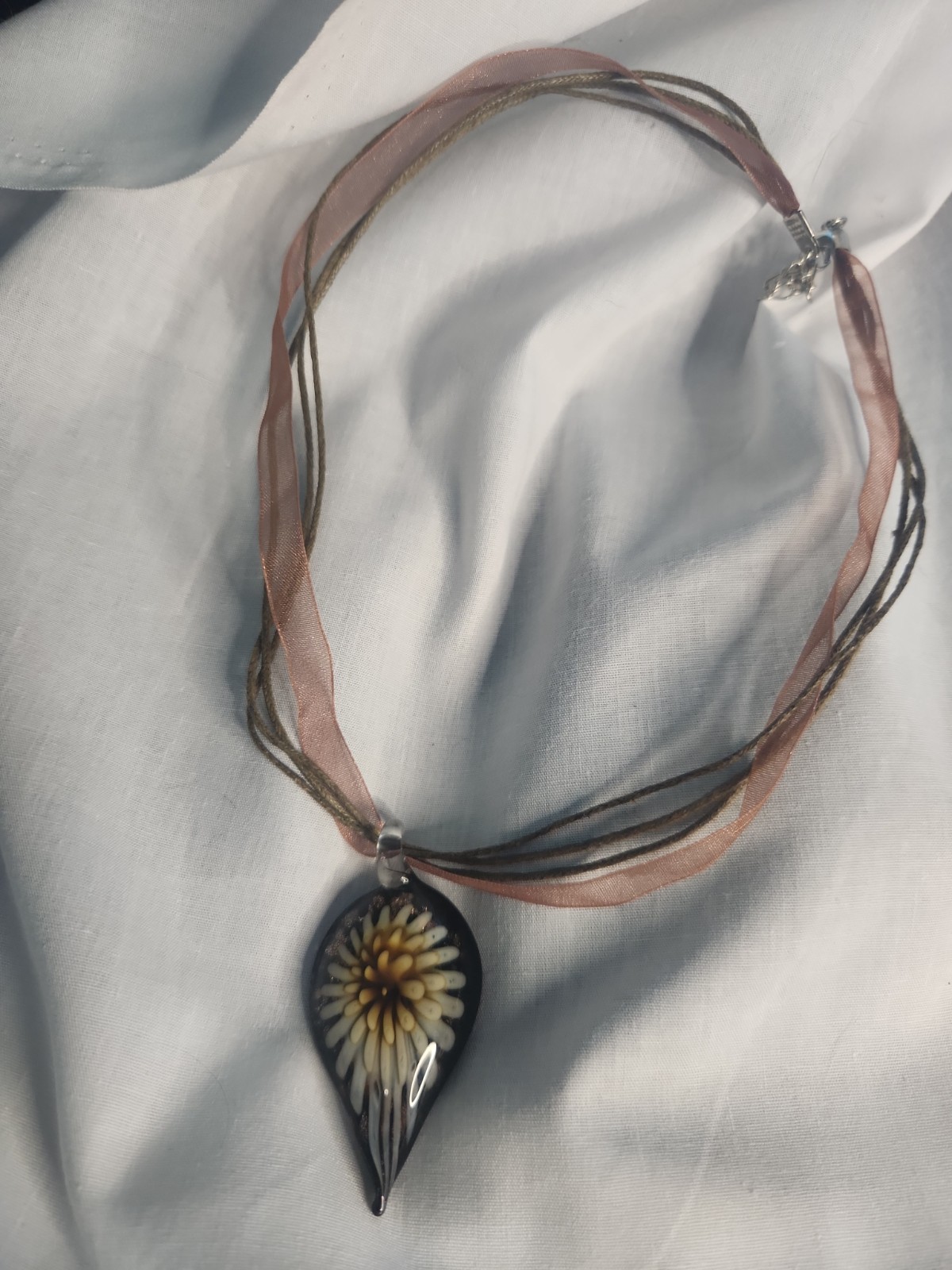 Art Glass Teardrop Flower Pendant Necklace Amber Brown Ribbon Cord