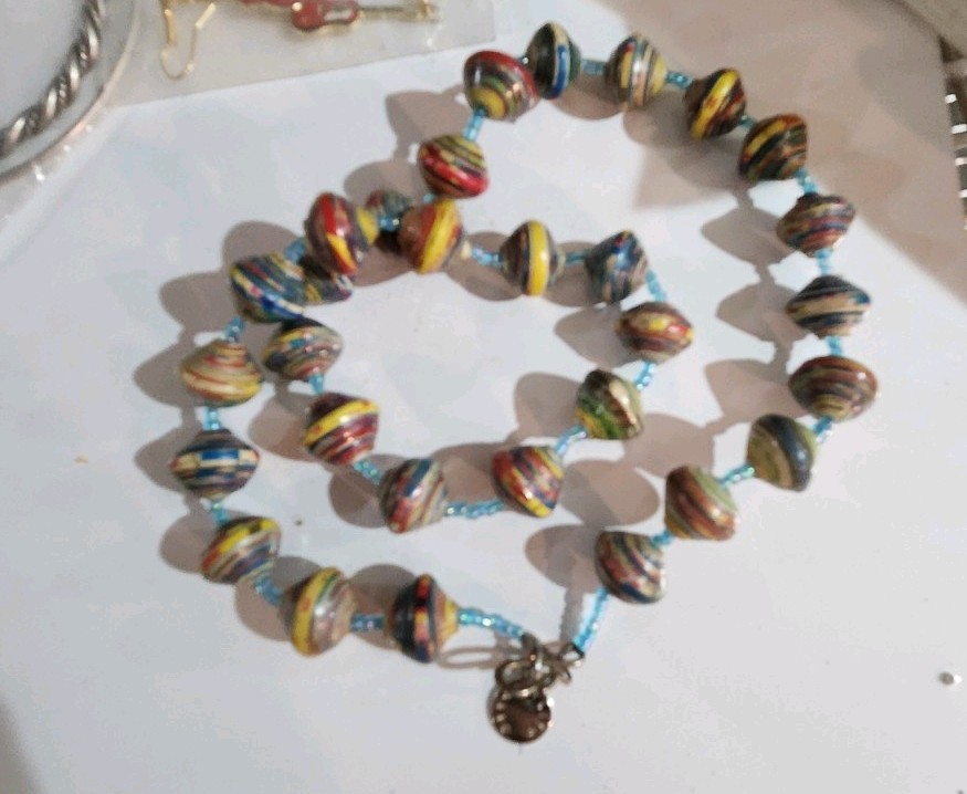 Handcrafted Multicolor Beaded Necklace Paper Glass Asymmetrical Bohemian