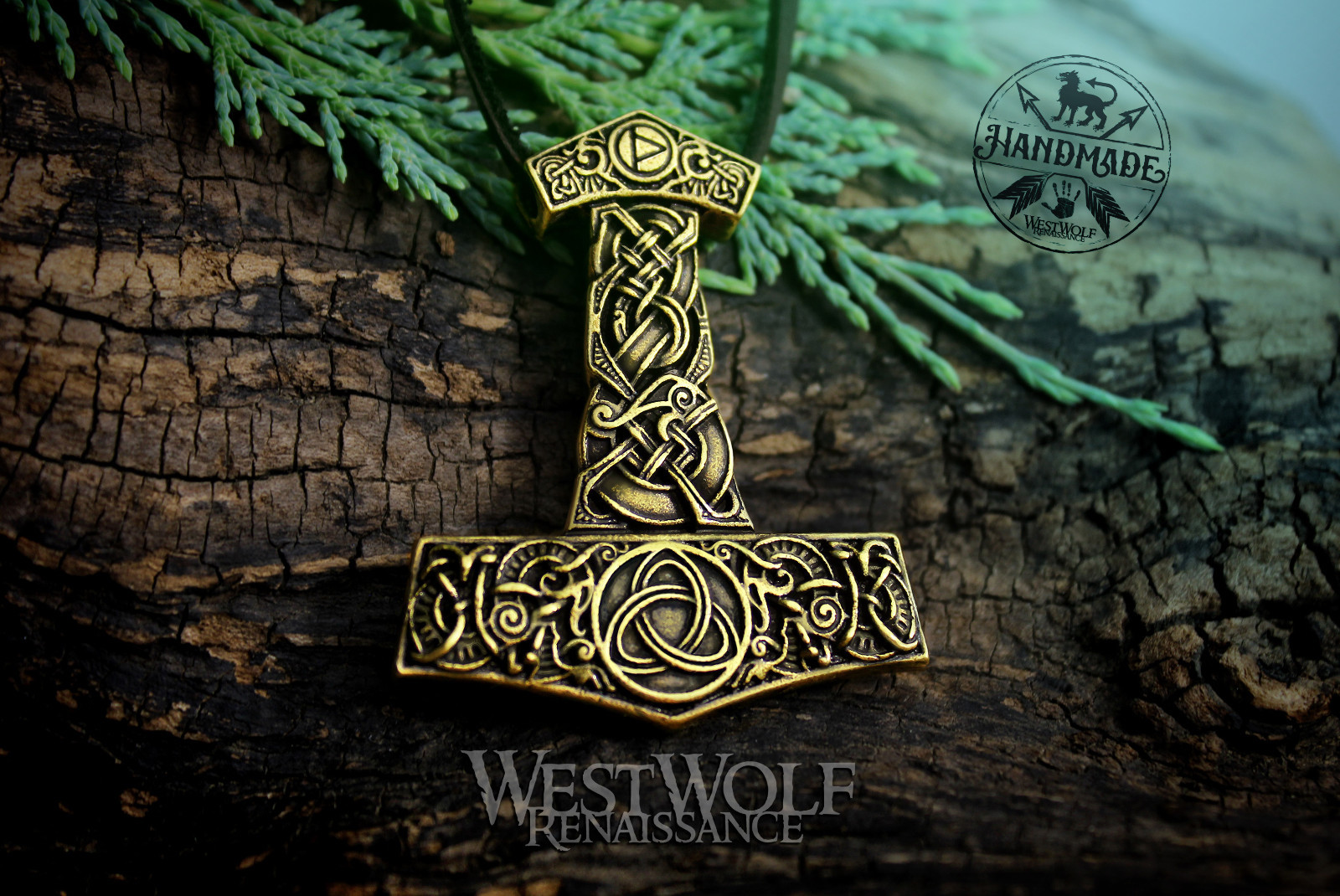 Viking “Mjolnir” Thor Hammer Pendant with Triquetra and Dragon Designs – Bronze
