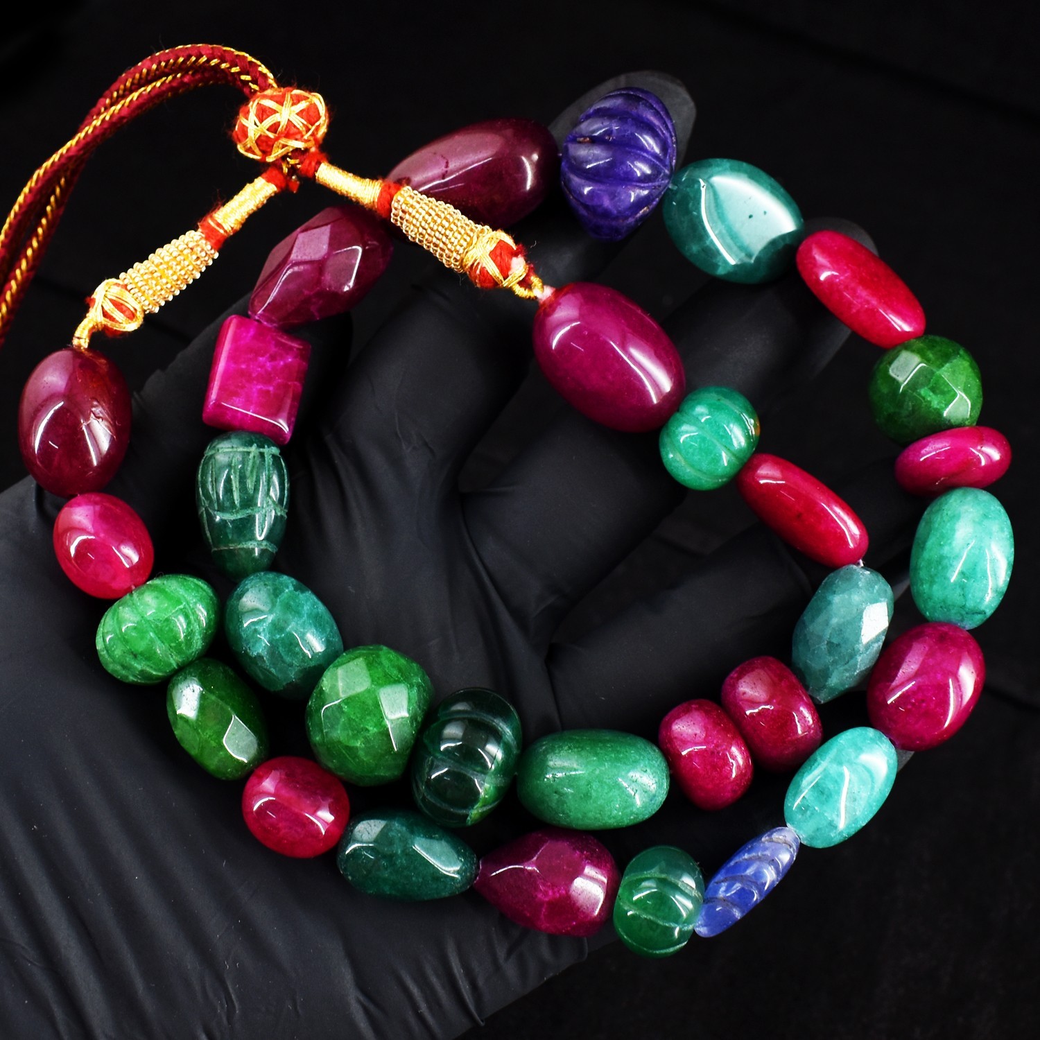 Excellent Emerald , Ruby & Sapphire 657.Cts Beaded Jewelery Necklace RK 44 E767