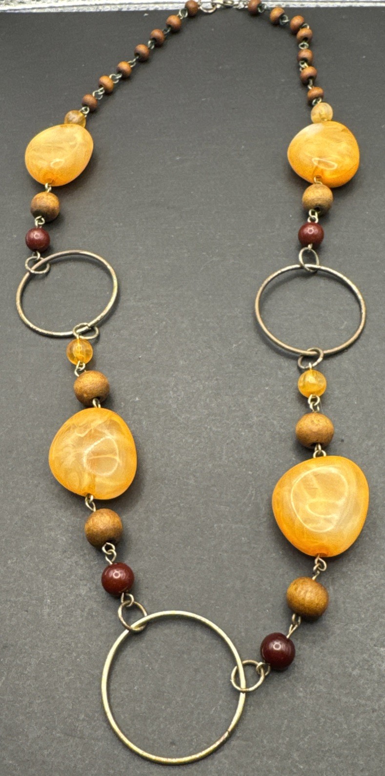 Vintage Yellow Jasper Carnelian And Agate Wood Bead 23” Necklace With Gold Tones