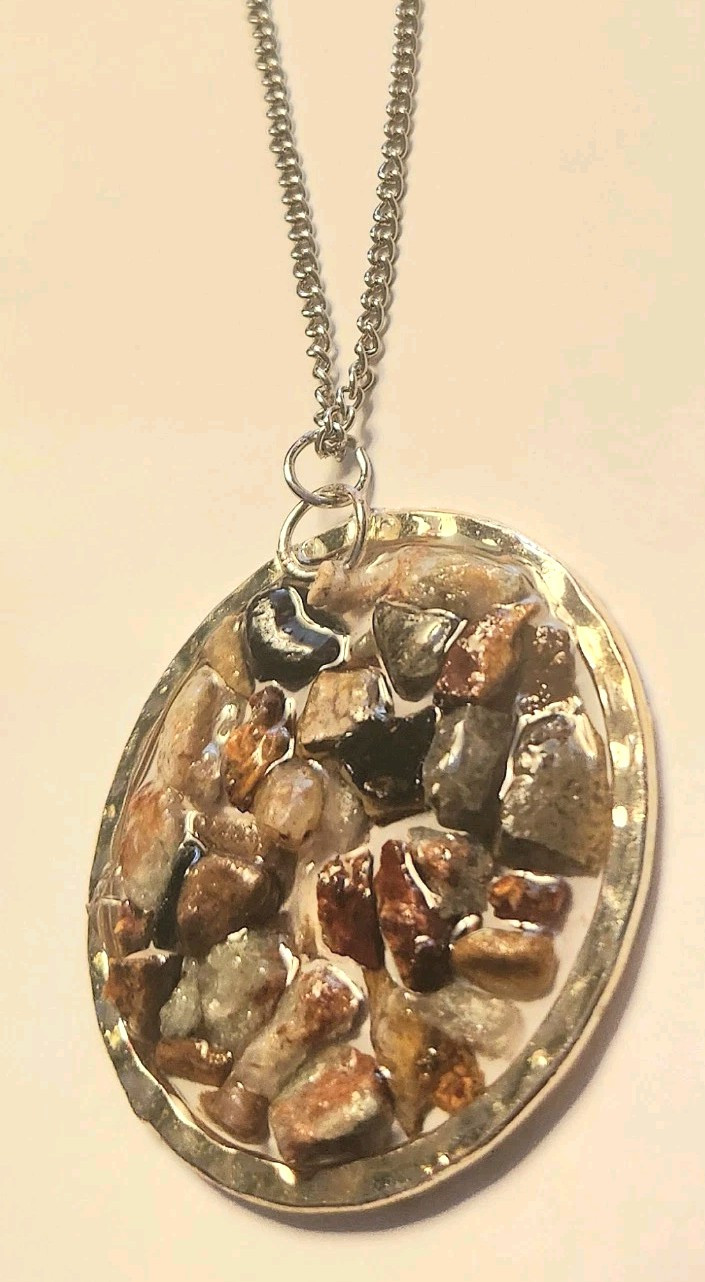Artisan Natural River Stones Necklace Resin Pendant Framed Ancient Utah Rocks