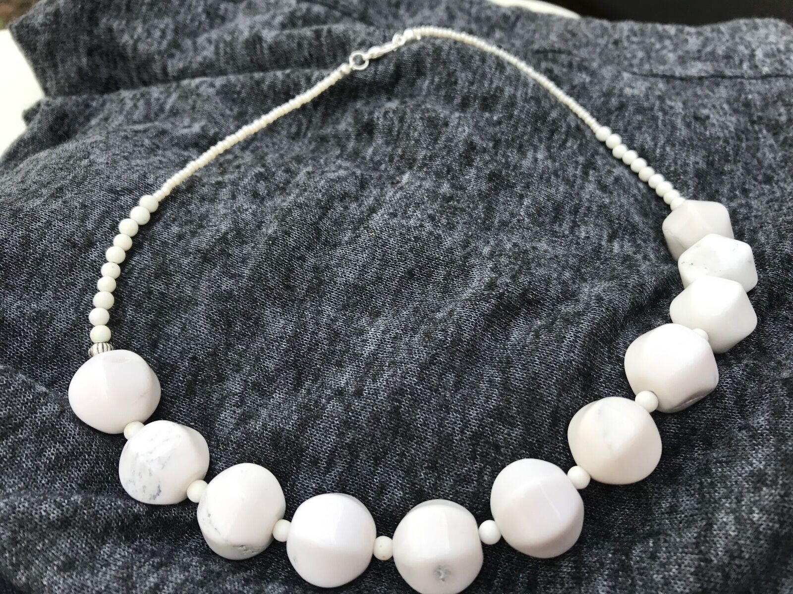 Handmade Statement Necklace of Natural White Jasper and Magnesite Stone Beads