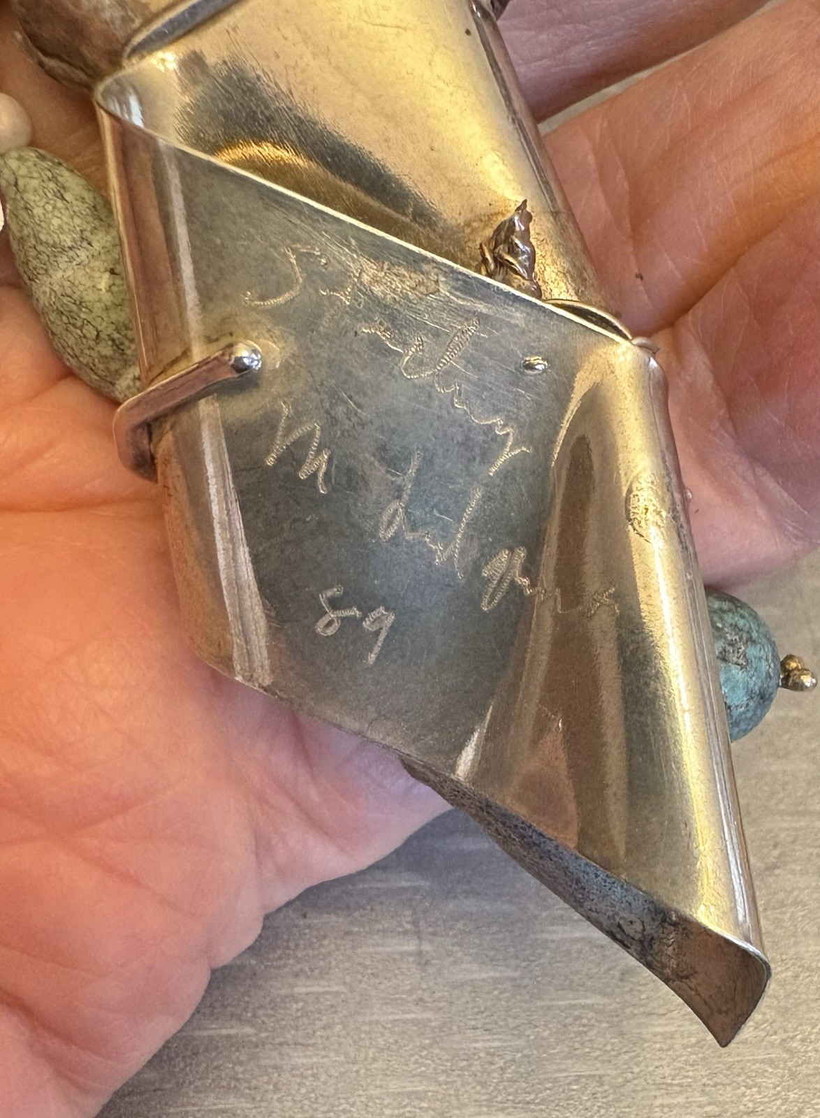 80s Artisan Signed Sterling Silver Torque Necklace Turquoise Slide Pendant Hamsa