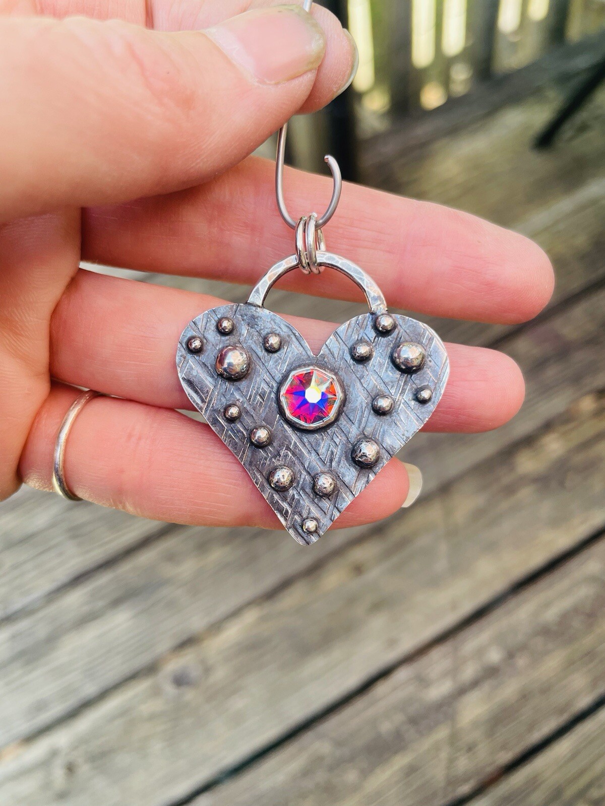 STERLING SILVER HEART PENDANT SWAROVSKI RUSTIC BRUTALIST Heart Jewelry HHandmade