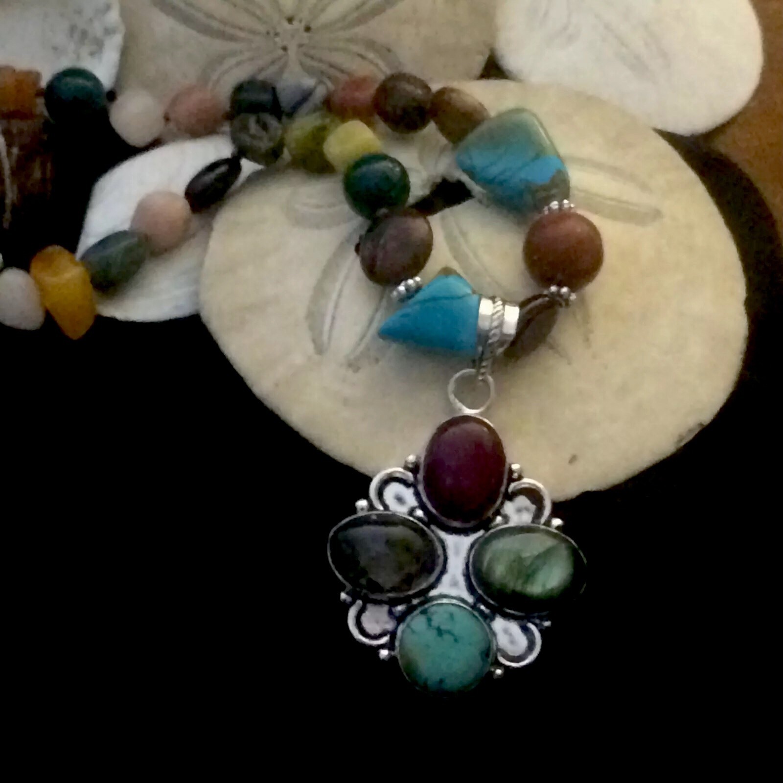 Turquoise, Jade, Labradorite & Quartz abstract cross Necklace Dezigns By Zetroc