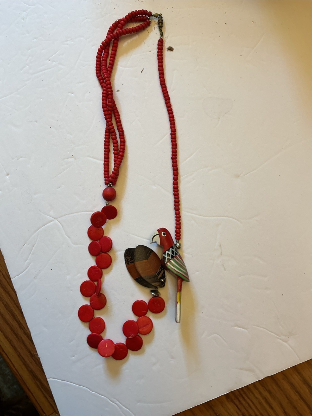 Vintage 1980’s Folk Art Red Wooden Painted Beaded Parrot Bird Chunky Necklace