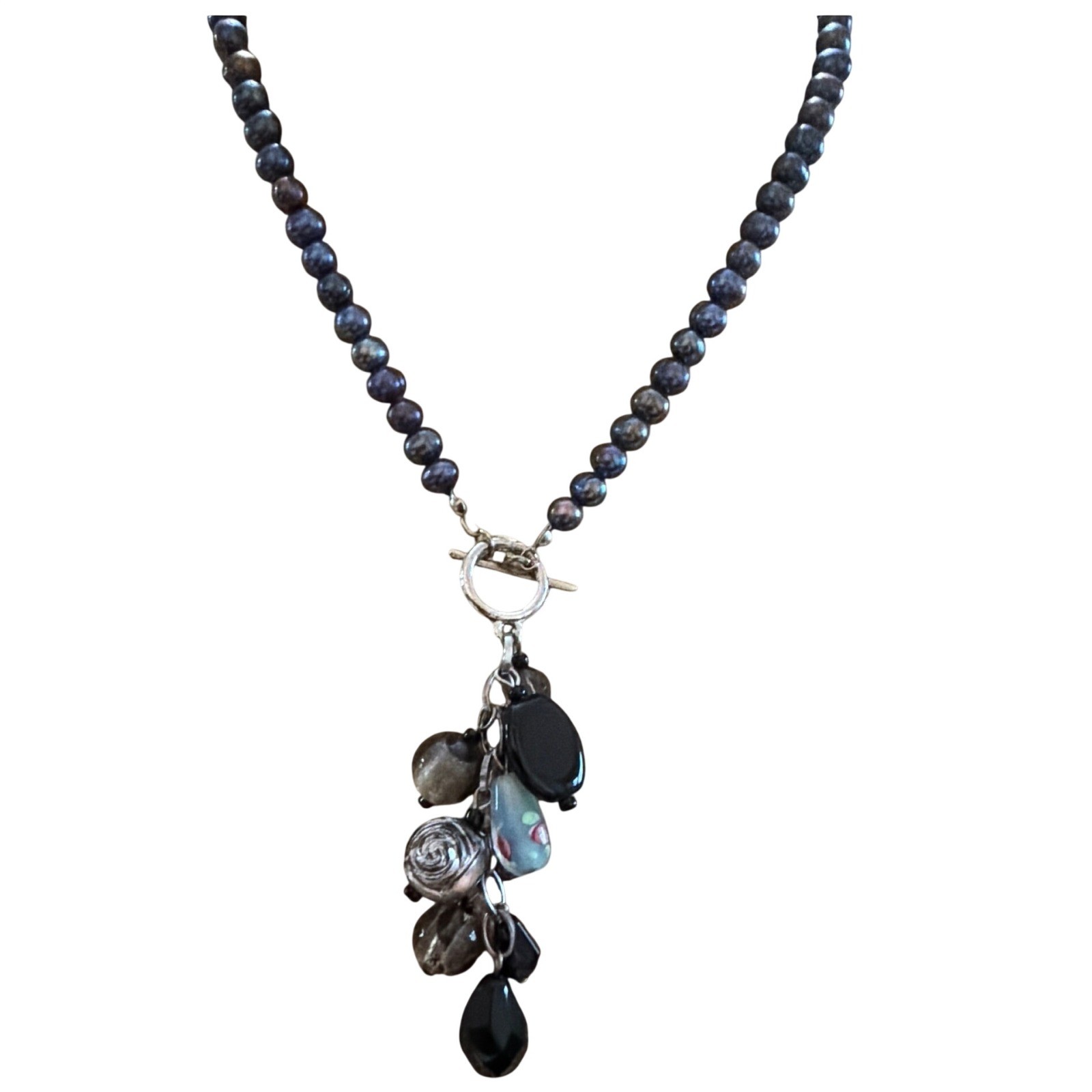 Artisan Peacock Black Freshwater Pearl Cluster Charm Necklace Toggle Clasp Boho