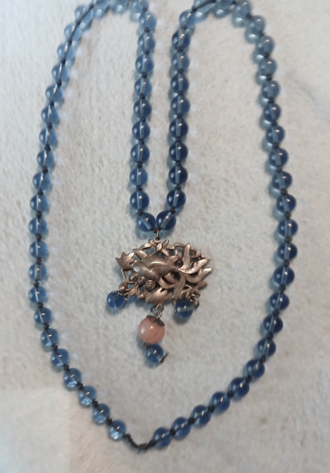 Chinese Necklace Knotted Pale Blue Glass Beads with Large Silver Fish Pendant