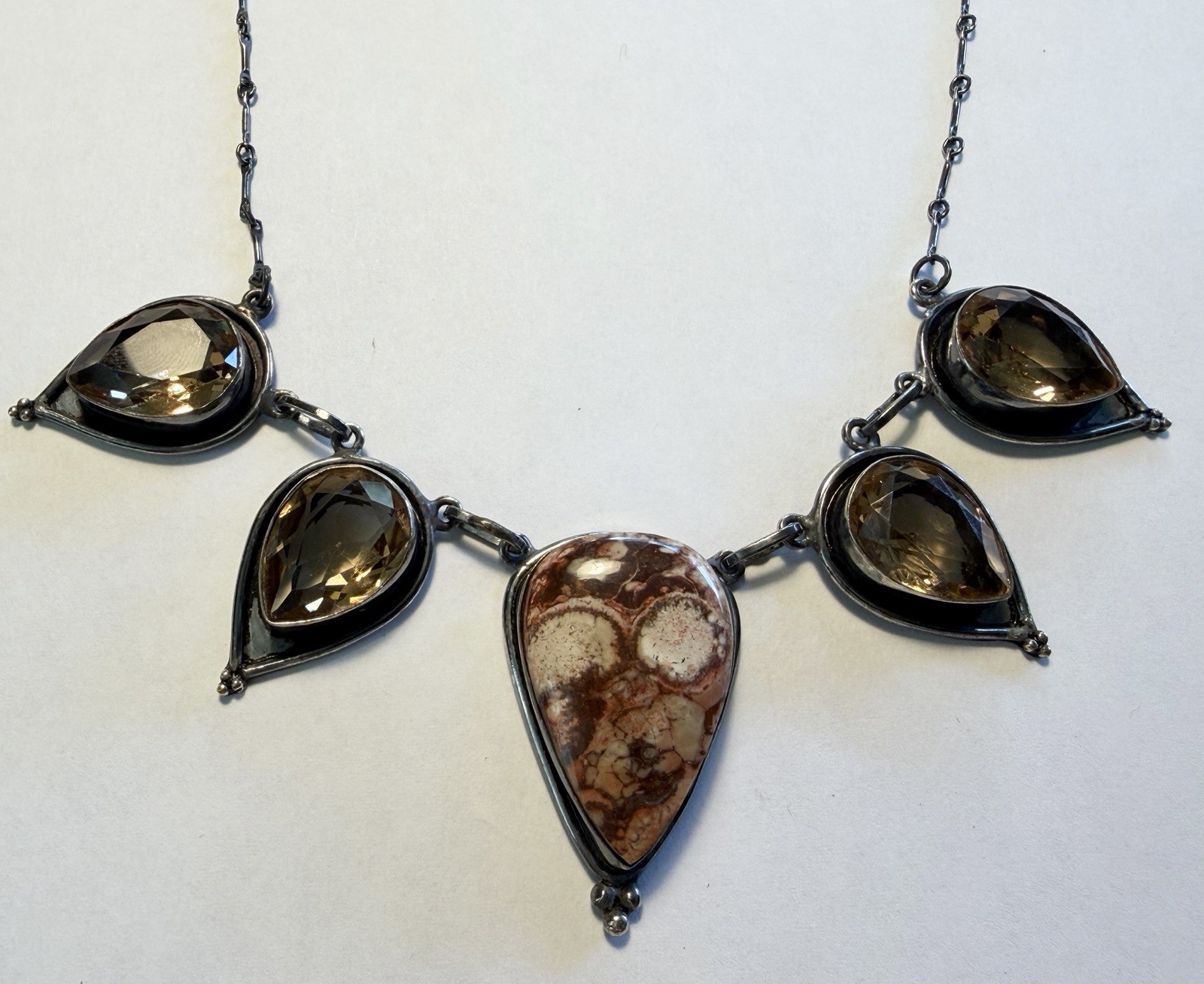 Artisan Vintage Sterling Birds Eye Agate Smokey Quartz Statement Necklace 19”