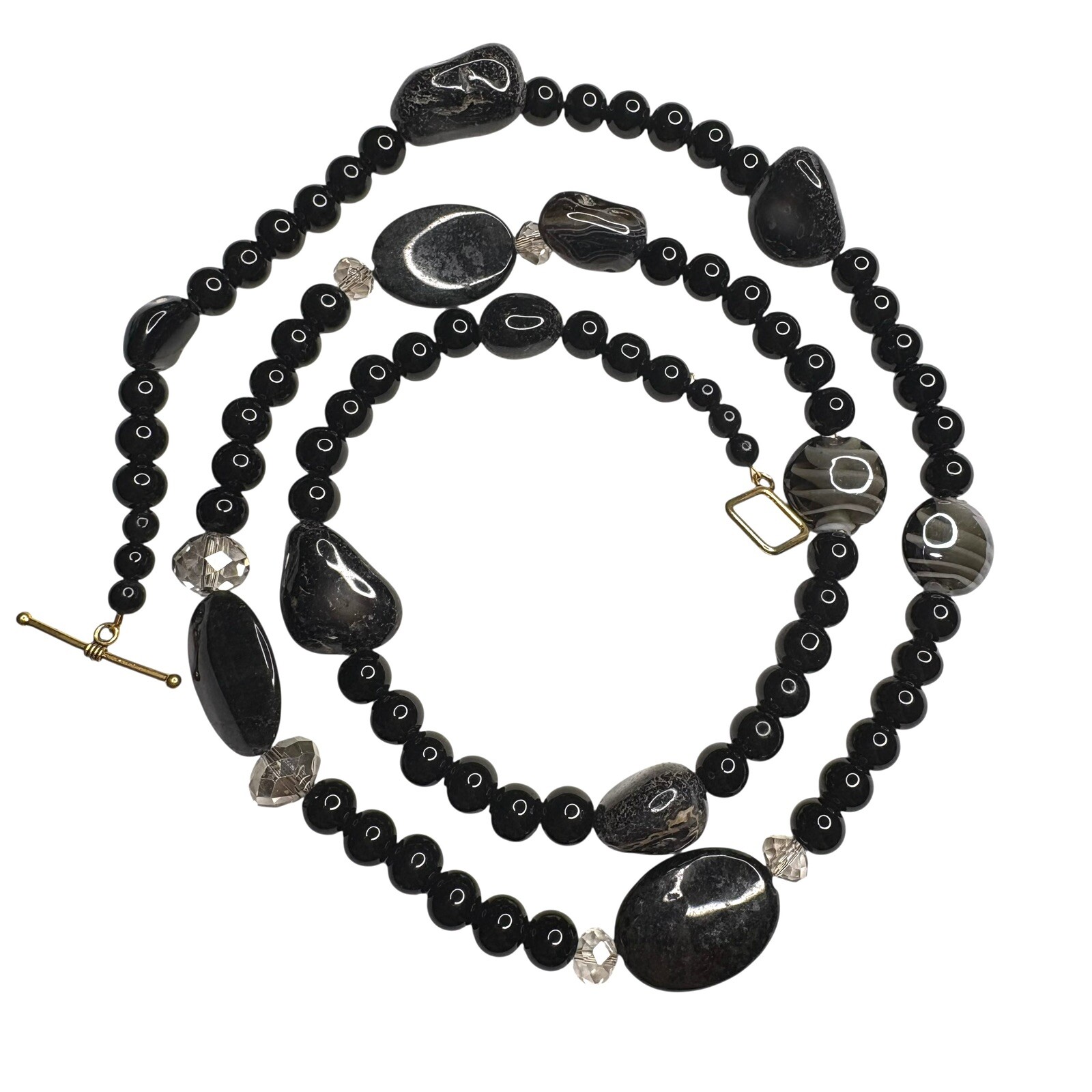 EUC Black Art Glass Beads Station Gold Tone Toggle Clasp 31″
