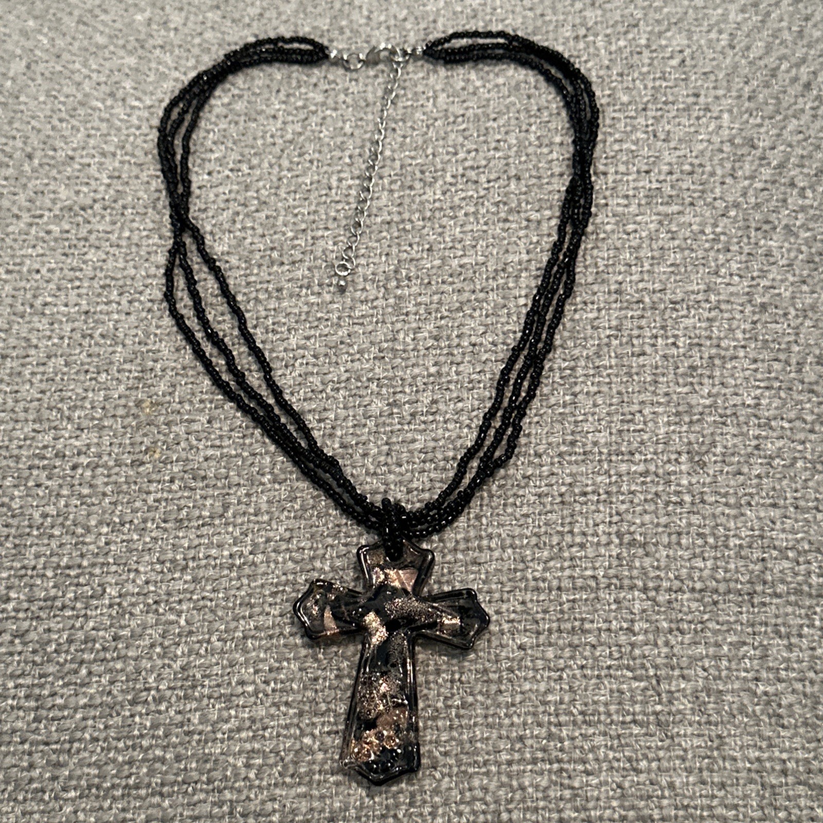 Artisan Cross Dichroic Glass Pendant Necklace Black Seed Beads Black Gold Cross