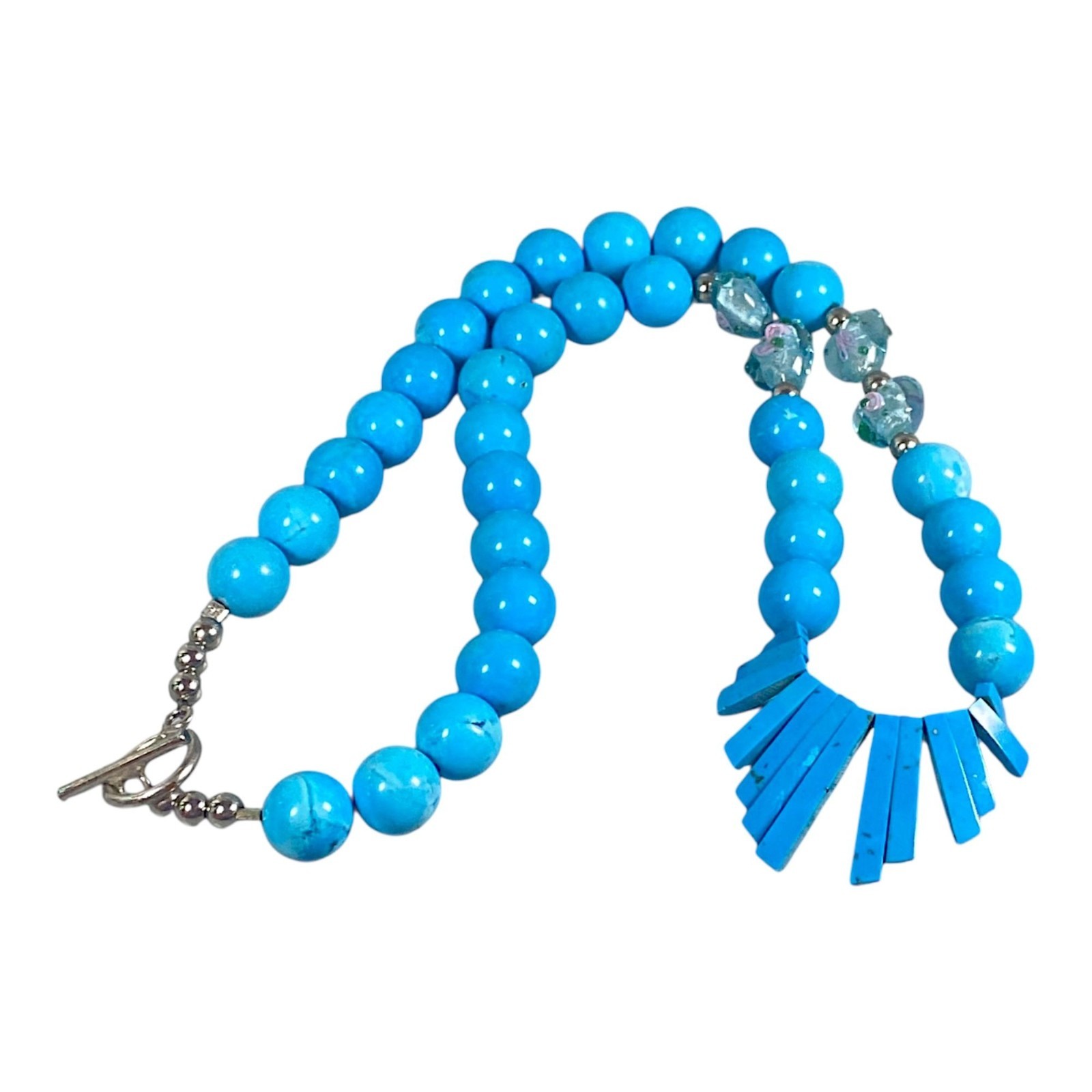 Wedding Cake Lampwork Beaded Necklace 22″ Blue Stone Murano Heart Beads Eclectic