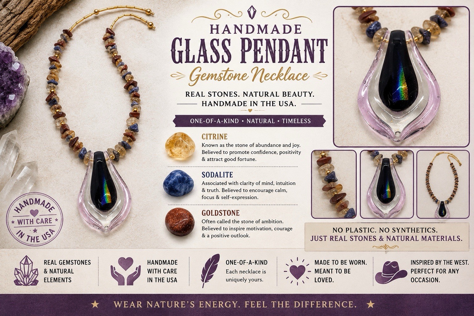 Handmade Glass Pendant Gemstone Necklace Citrine Sodalite Goldstone Made USA