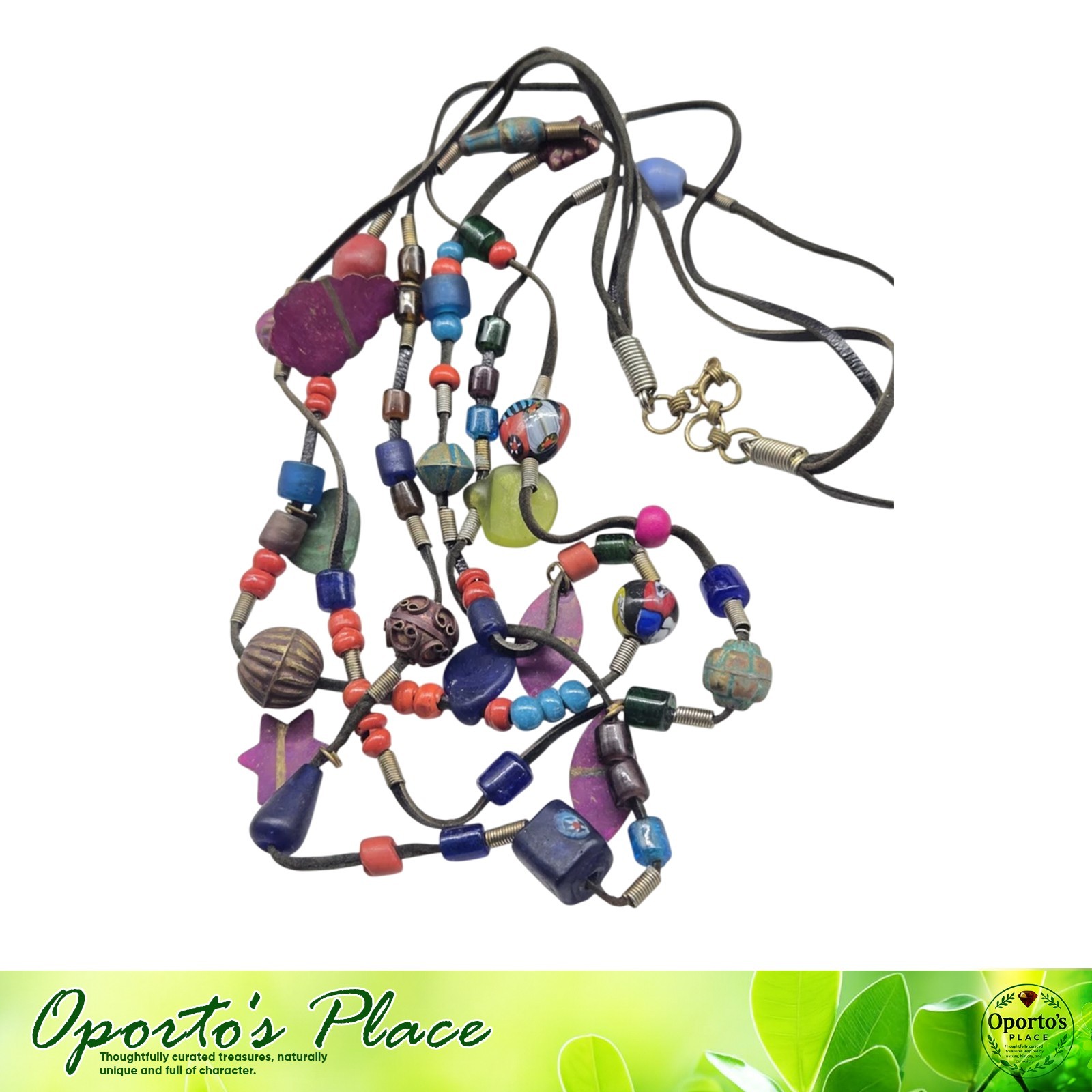 Vintage Multistrand Long Necklace Artisan Made Multicolor Sea Glass Beads Metal