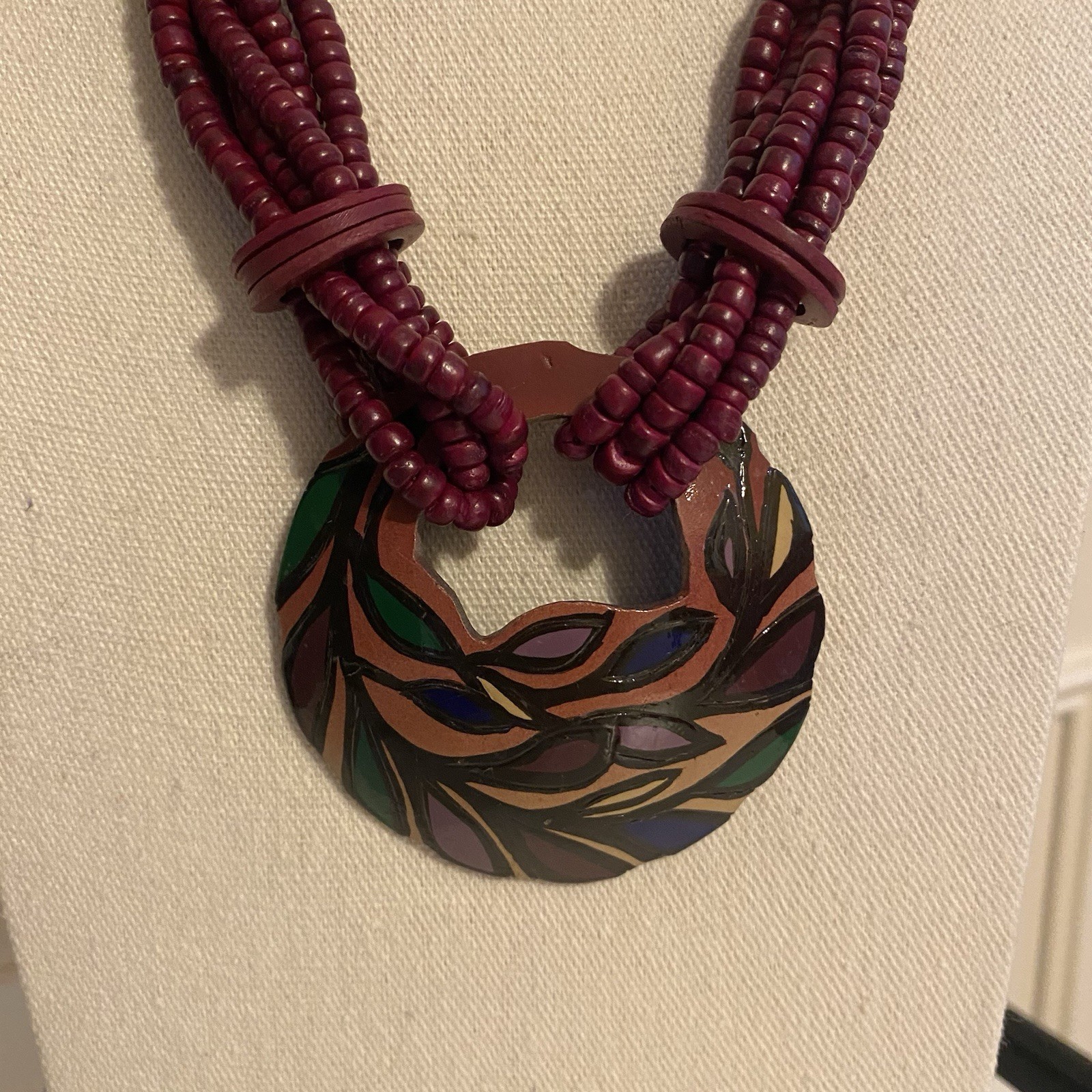 Handcrafted Maroon Beaded Statement Necklace with Painted Pendant