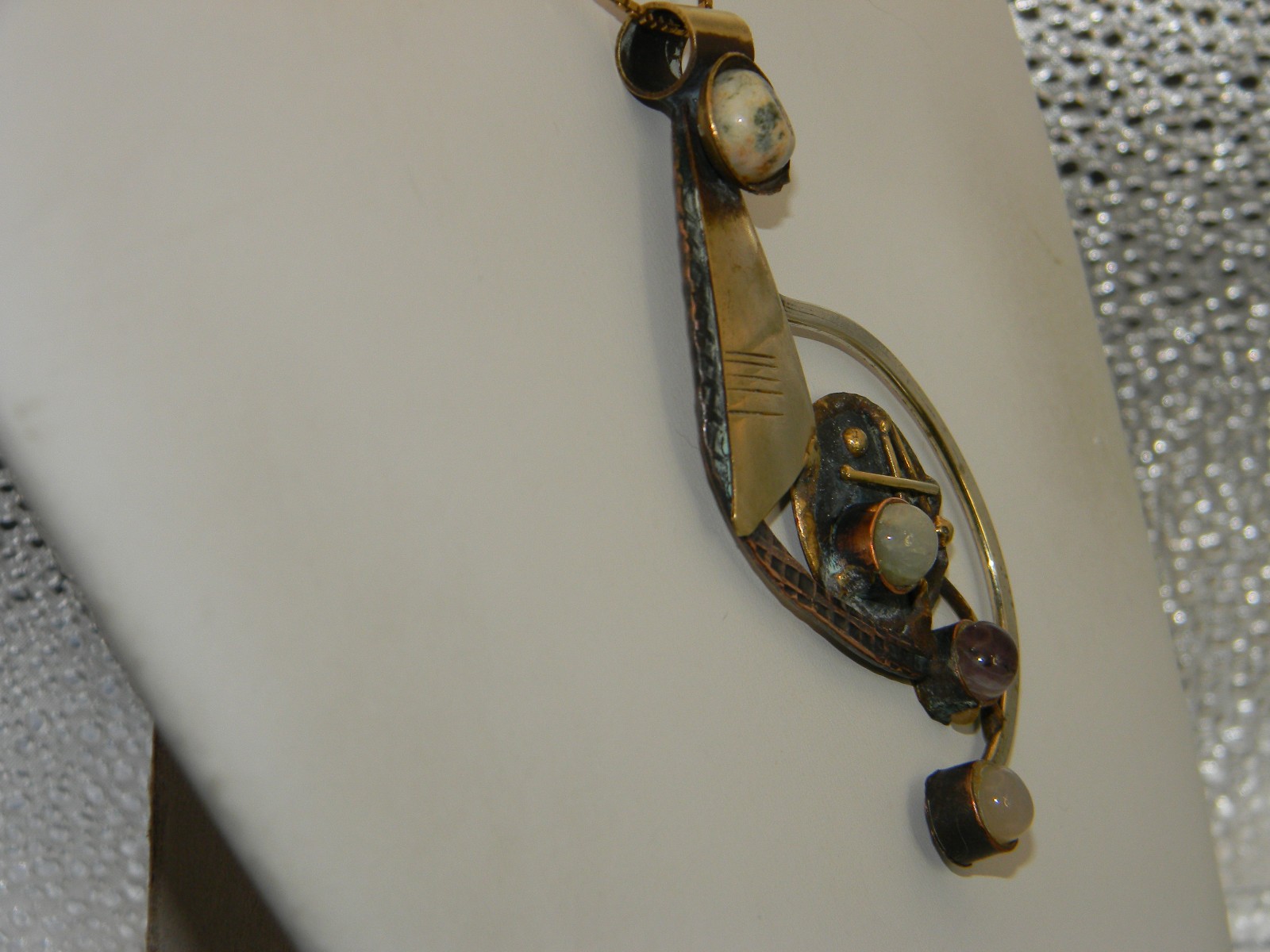 Large Brass, Copper and Quartz Modernist Design Pendant on 925 Chain Necklace