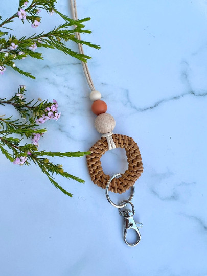 Rattan Wooden Lanyard Teacher Silicone Beaded ID Badge Holder Name Tag Gift