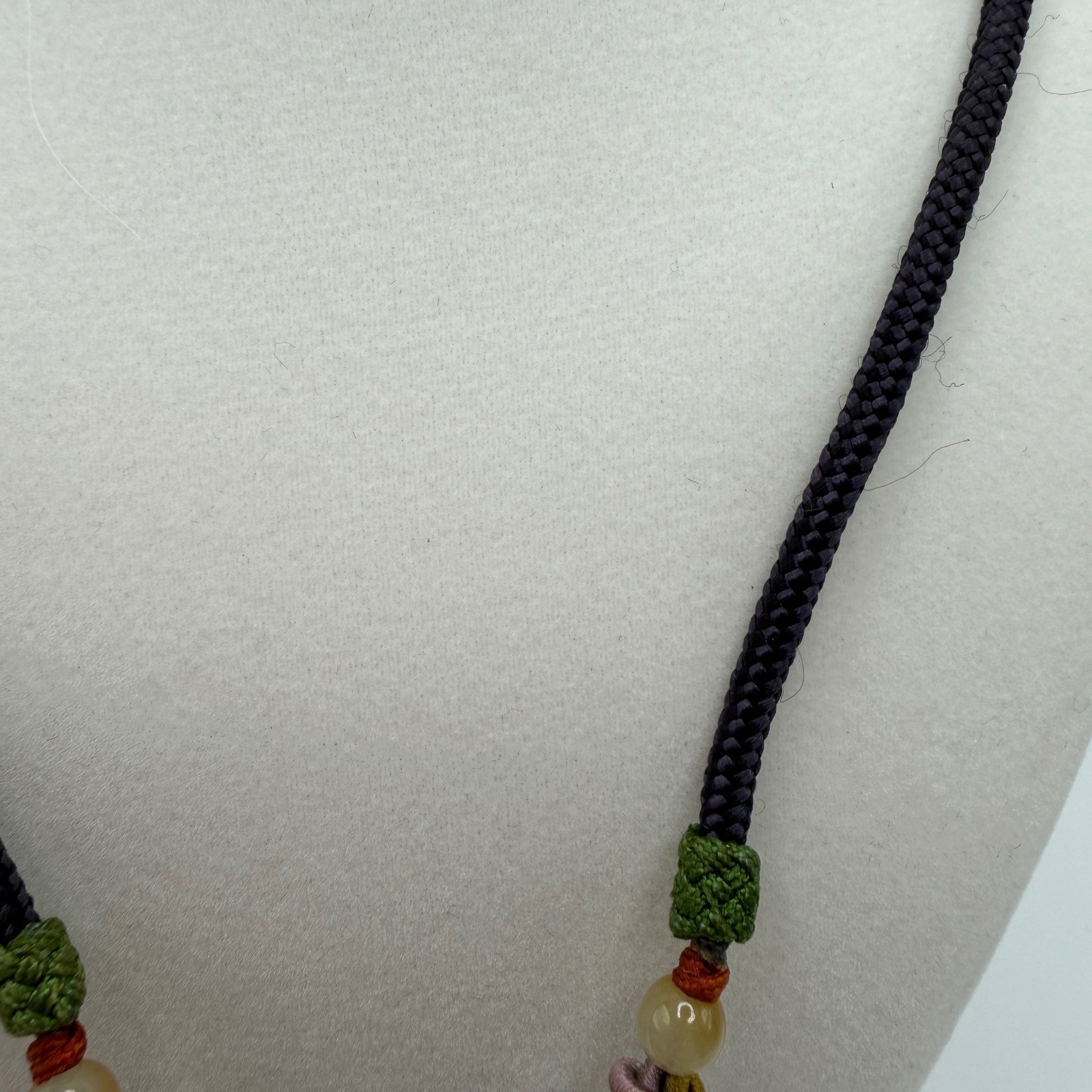Carved Green Burmese Jadeite Jade Leaf Pendant Black Silk Cord Mixed Beads