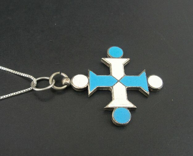 Necklace Vintage White and Blue Enamel Cross Sterling Silver Pendant NECKLACE