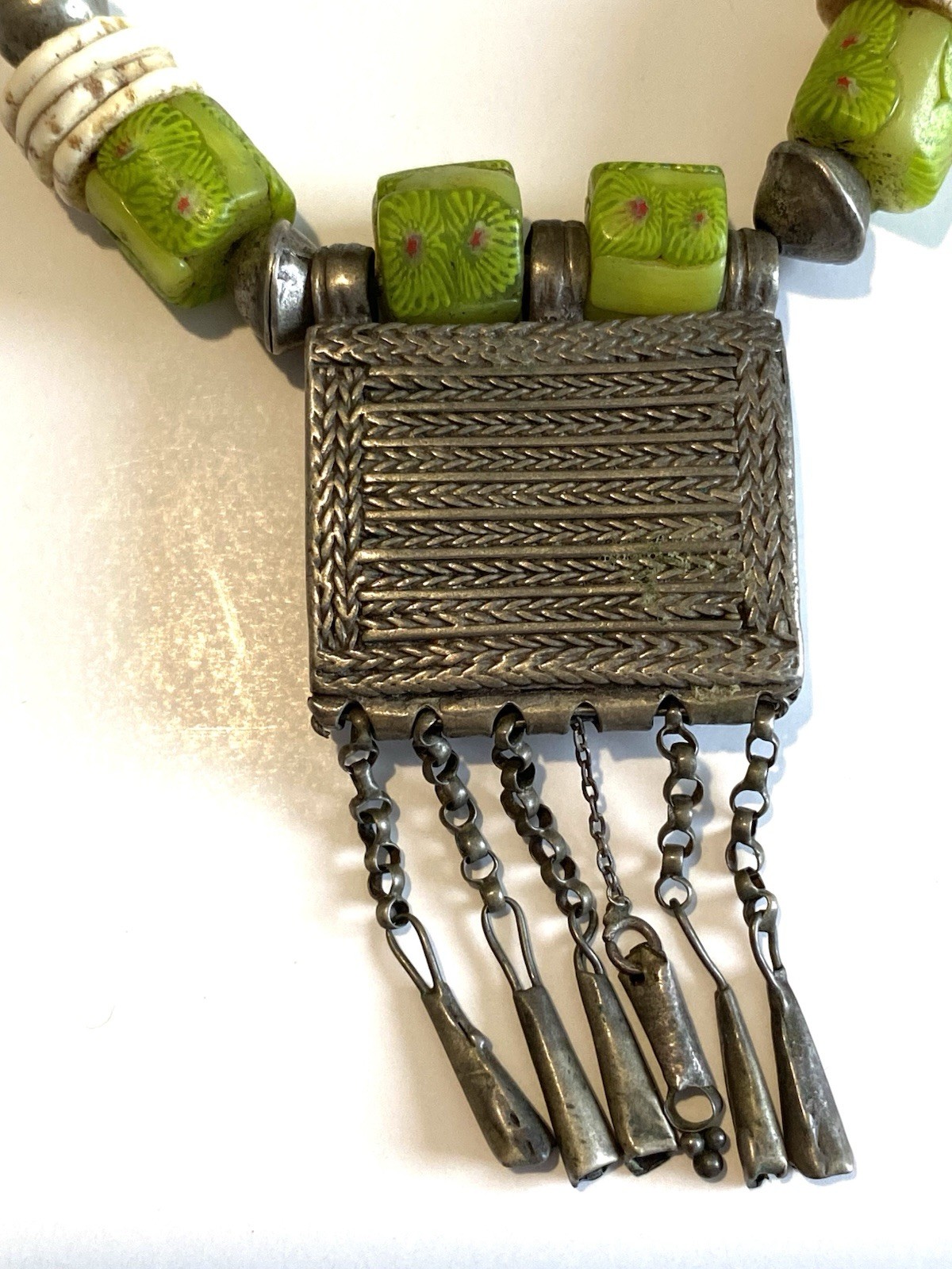 Artisan Necklace Hand Made – Silver Tone Pendant Green Beads and white shells