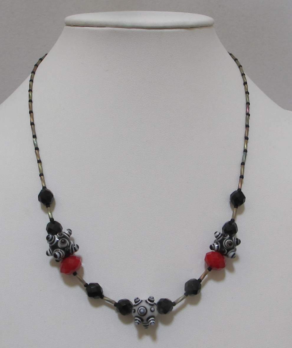 Artisan Handcrafted 20” Black White Lampwork Red Czech Glass Silver Necklace NEW