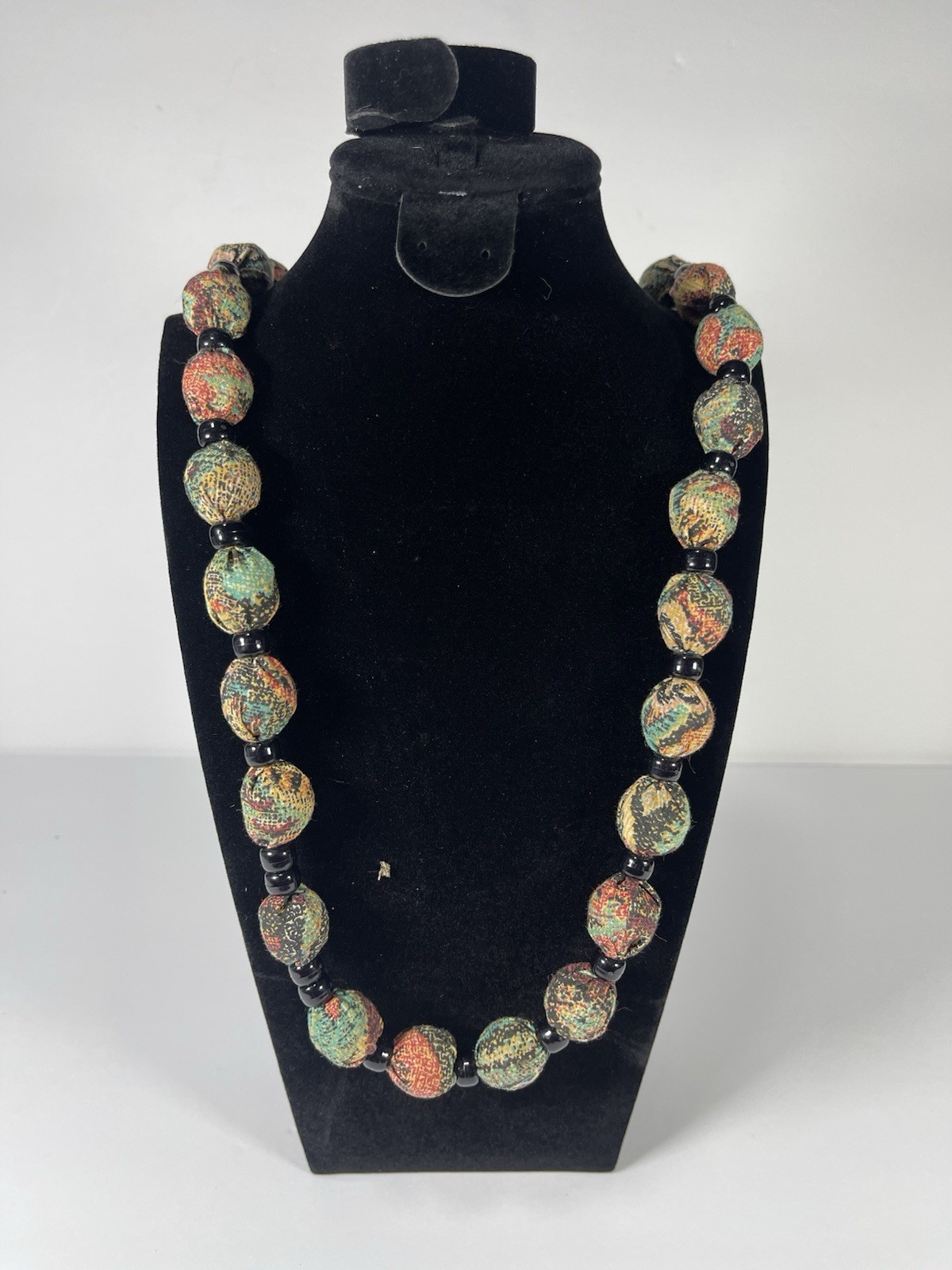 Artisan Fabric Wrapped Bead Statement Necklace Colorful Bohemian Strand 28 In