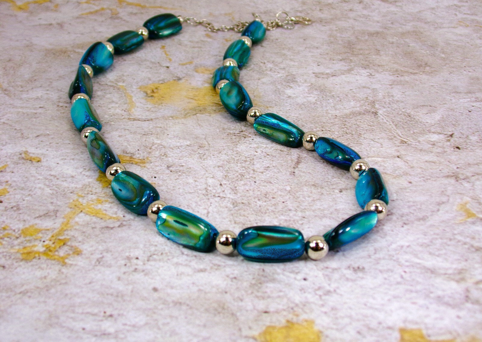 Blue shell bead necklace with long shell beads mixed with silver round beads New
