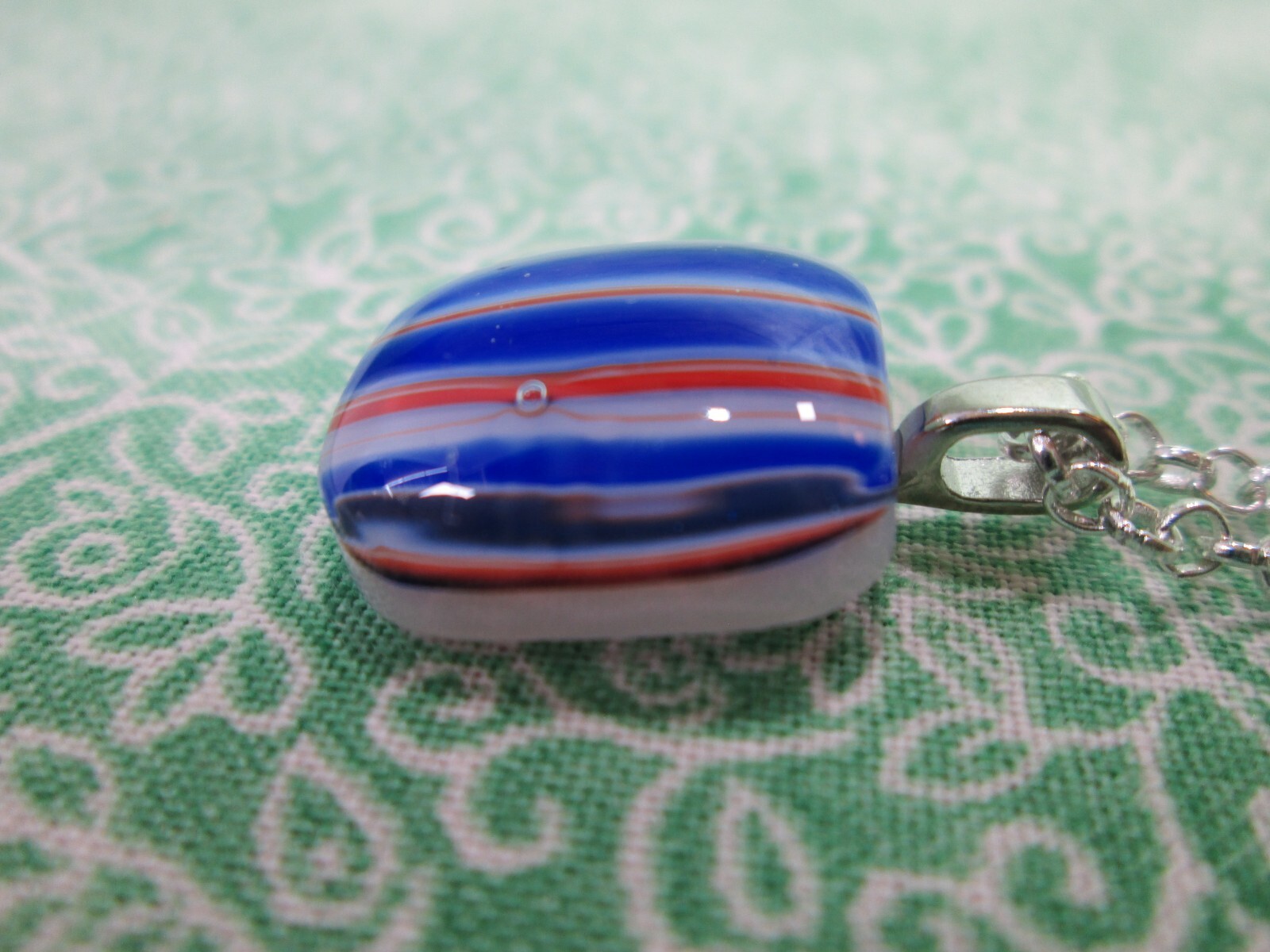 Striped Fused Glass Pendant w/ Silver Plated Rolo Chain 18″ / Blue Red White / B