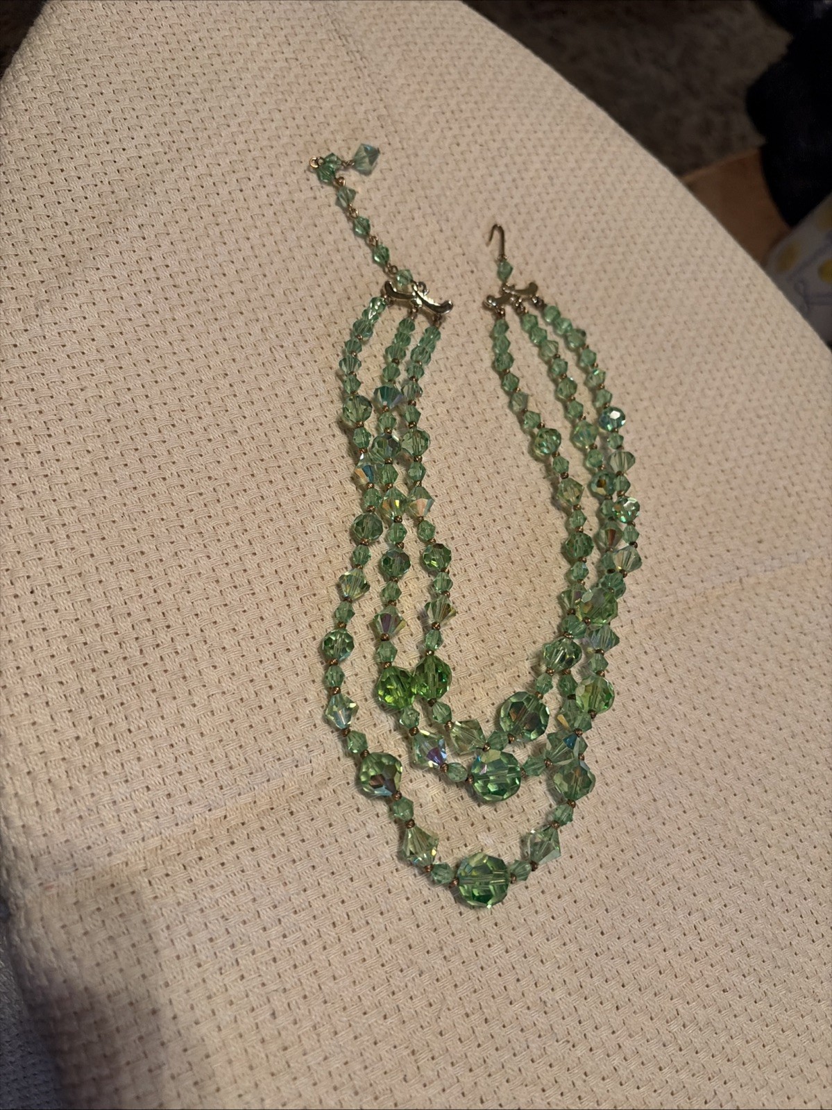 gorgeous necklace Green Colored Aurora Borealis 3 Strand 16 Inch