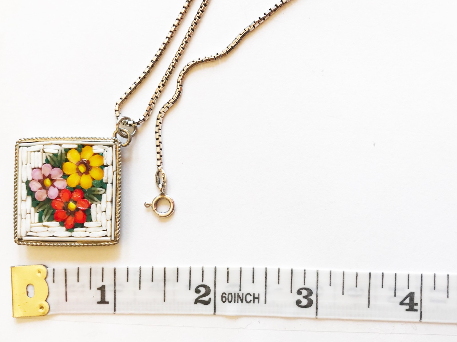 VTG Italian Micro Mosaic 1″ Square Pendant 20″ 925 Ster Silver Necklace 16g EUC