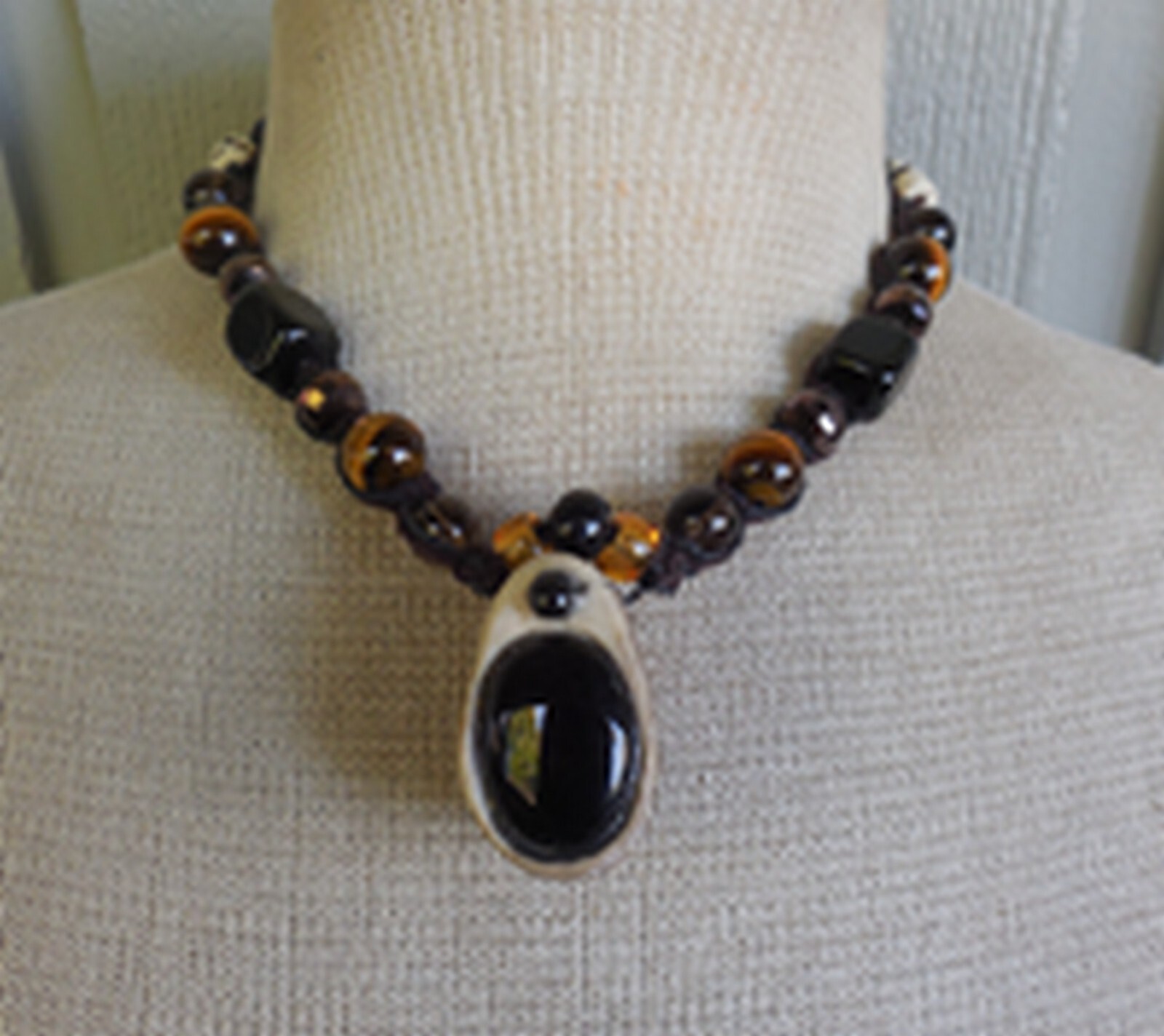 Secret Stash Onyx Antler Hemp Adjustable Necklace Tigers Eye Smoky Quartz Beads