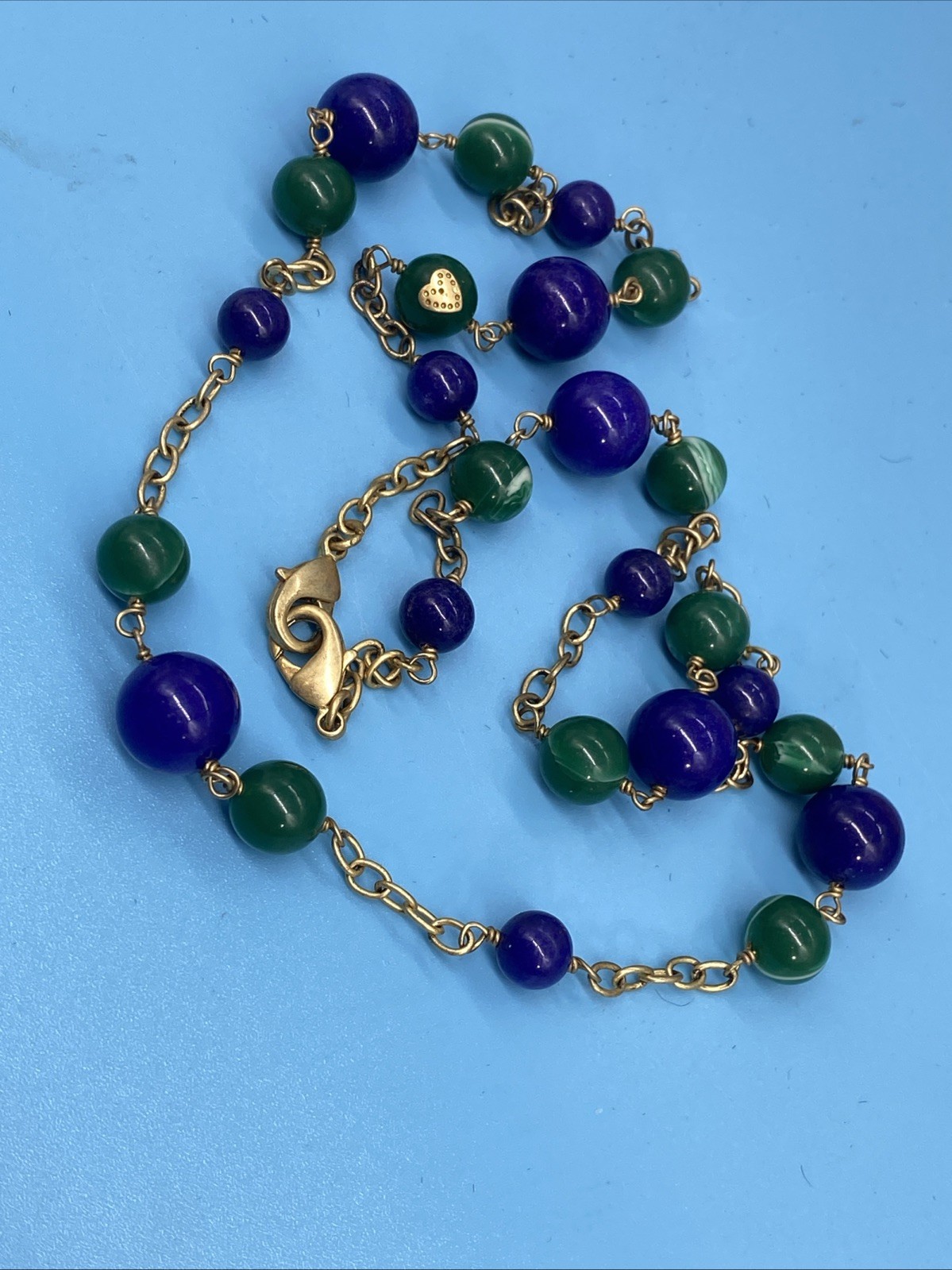 Green Dyed Agate & Cats Eye Blue Glass Beaded Necklace 26” Long Gold-Tone Chain