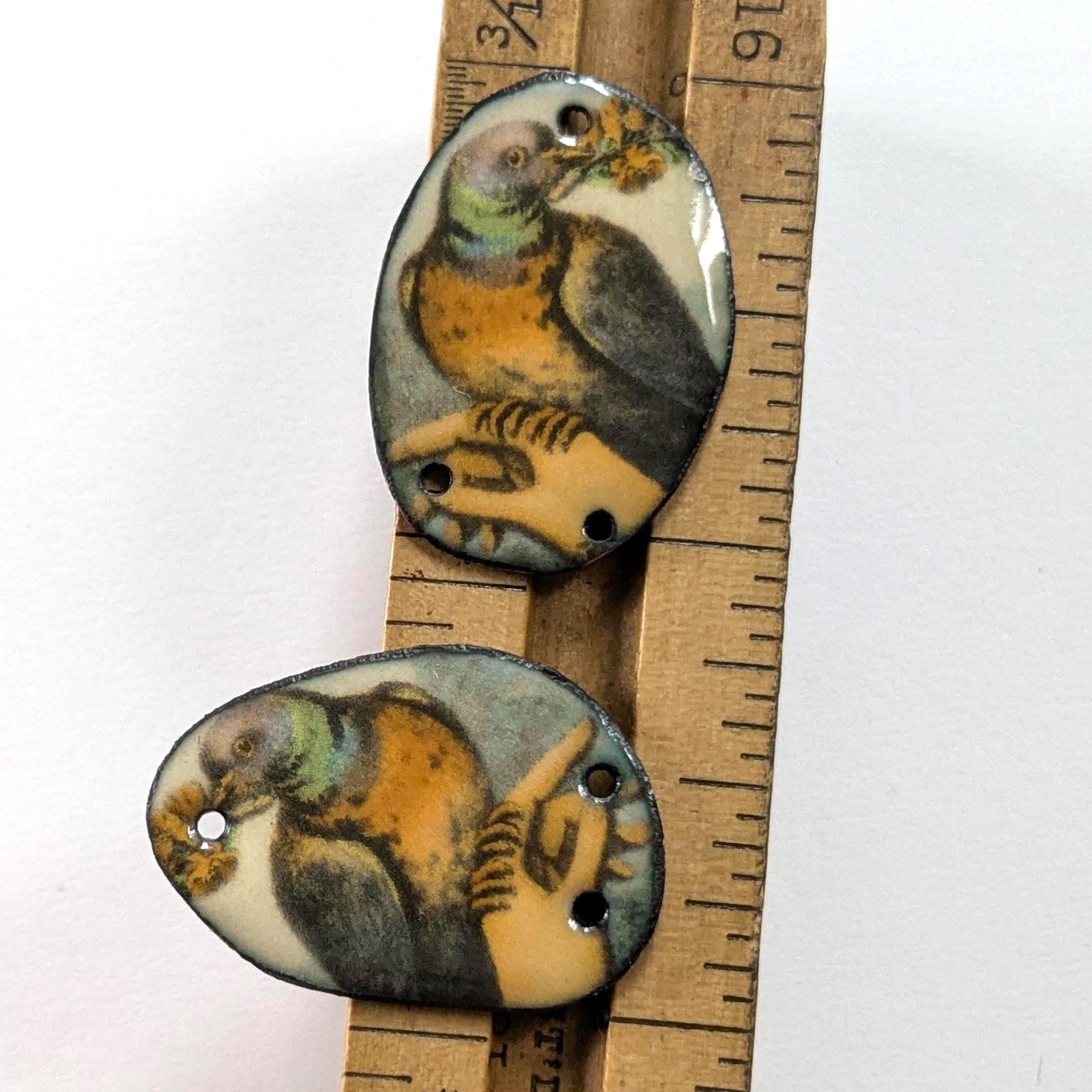 Enameled Copper Charms Asymmetrical Pair Victorian Birds on Hand (18380)