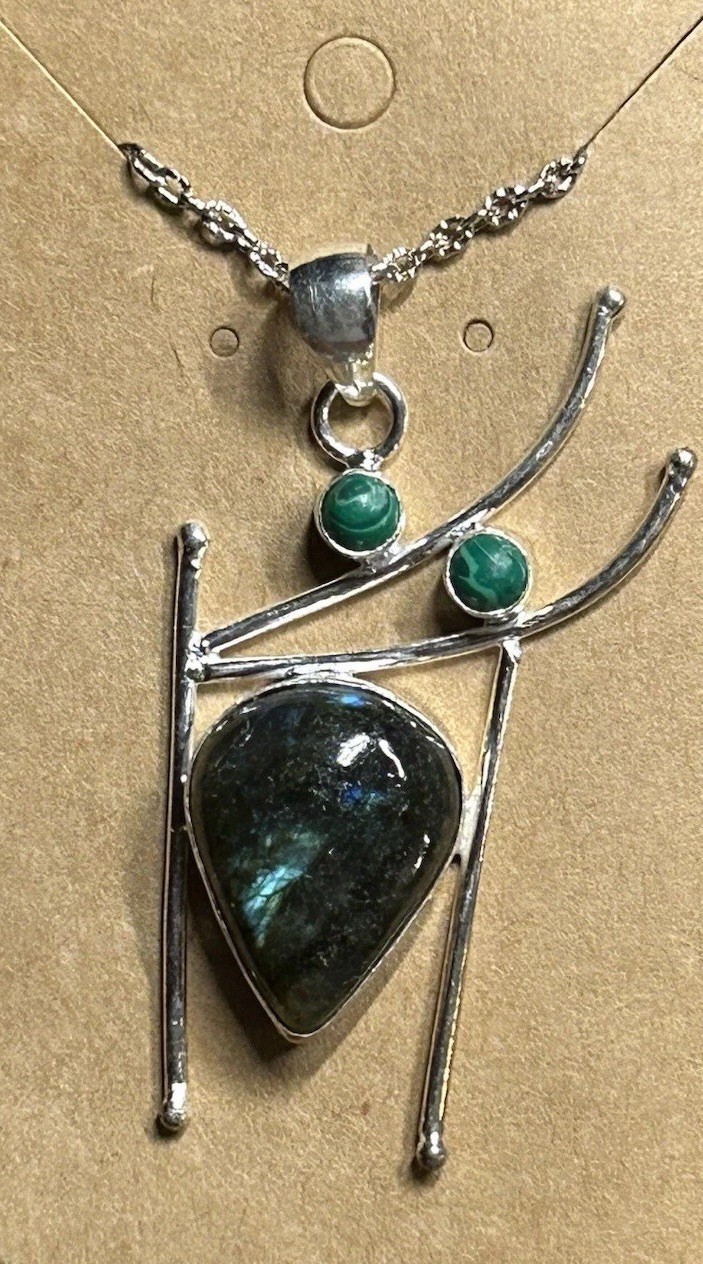 7725. Labradorite Malachite Handmade Ethnic 925 Silver Necklace