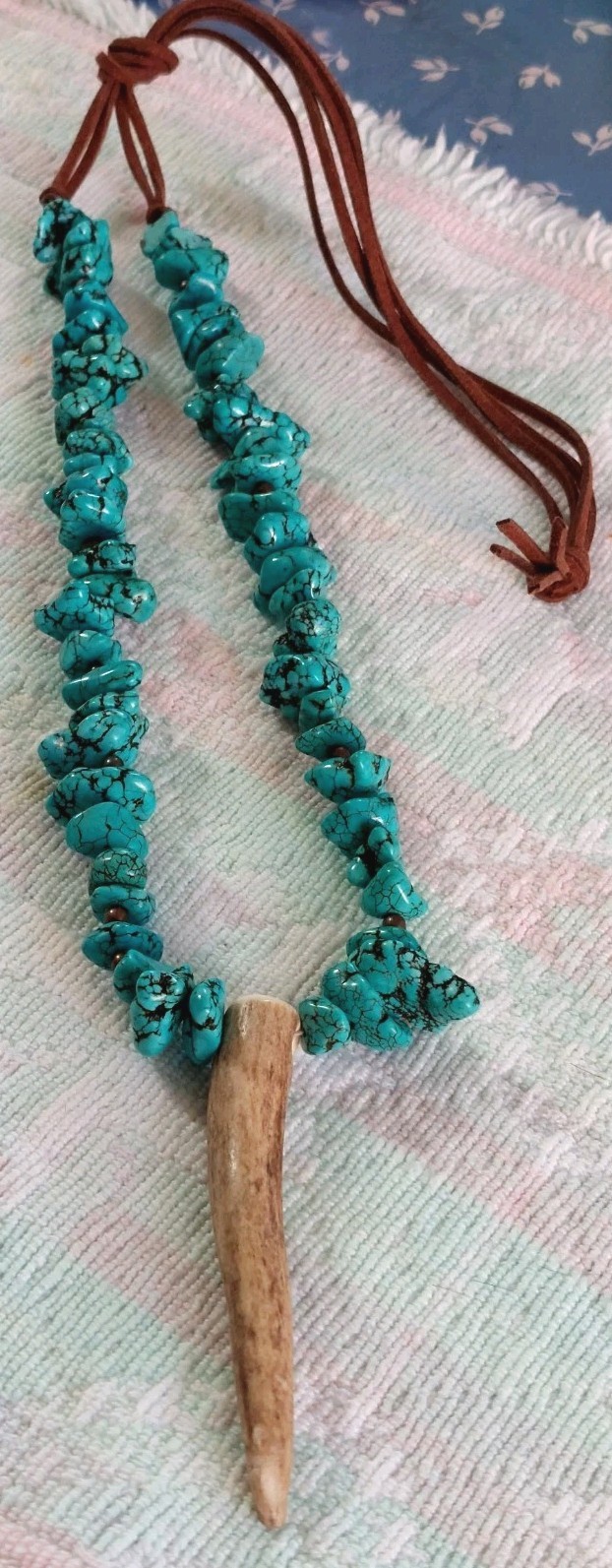 Large Chunk Faux Turquoise Nugget Beads & Antler Necklace on Brown Leather Cord