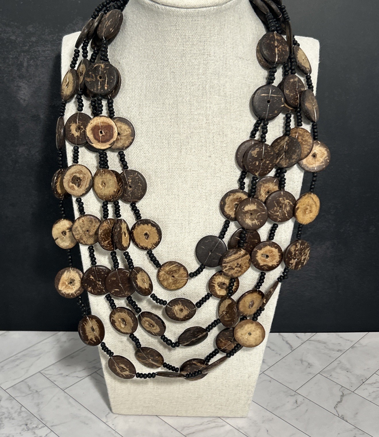 Multi Strand Coconut Shell Beaded Statement Necklace Boho Gift for Women Vtg