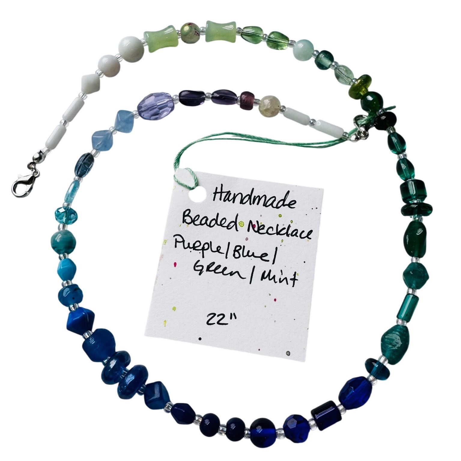 Handmade Beaded Necklace Women 22″ Blue Purple Green Gradient Glass