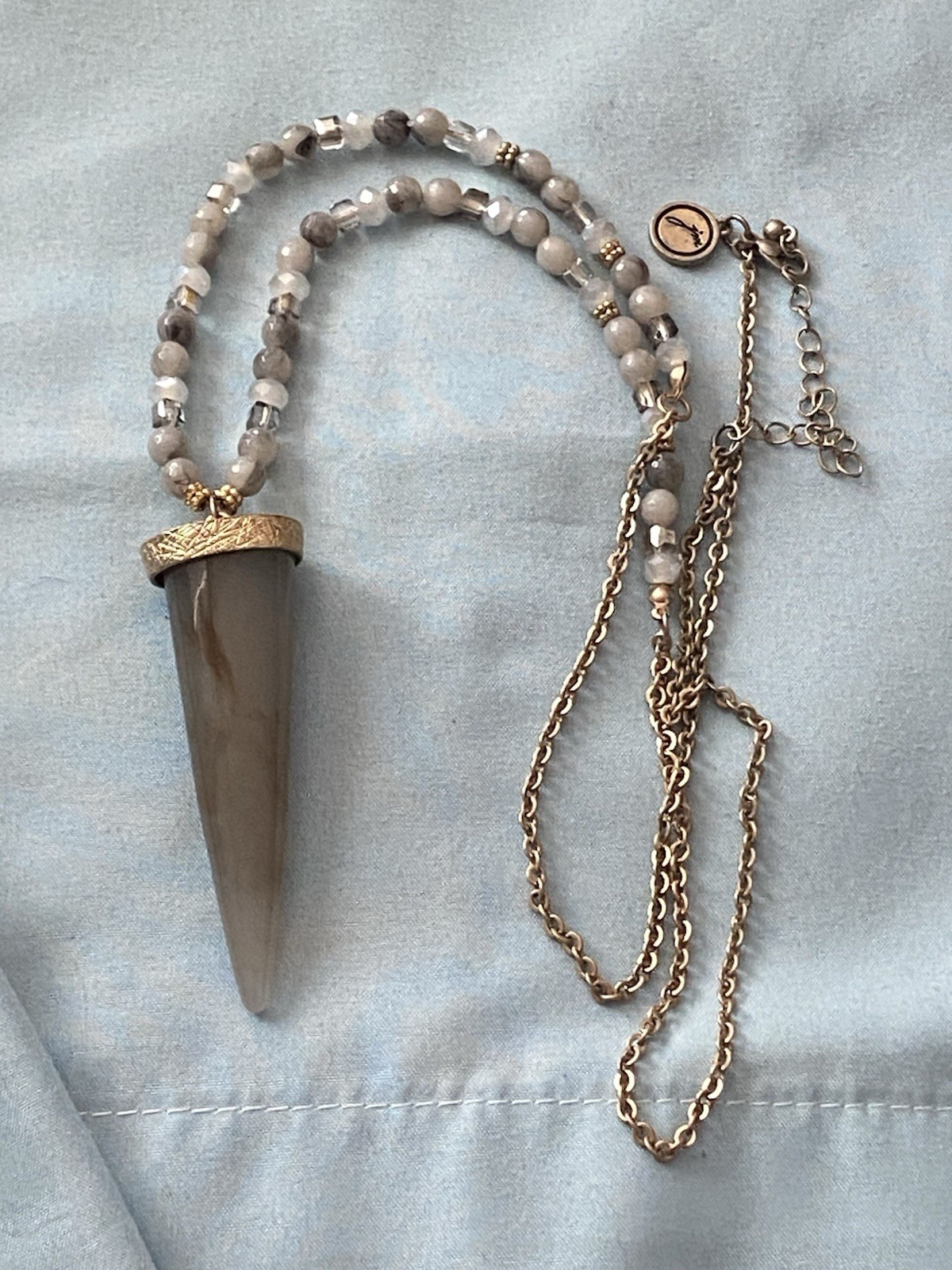 32” Necklace Stone Beads Beaded Antler Tip Shape Pendant 2.5”H Cream Brown