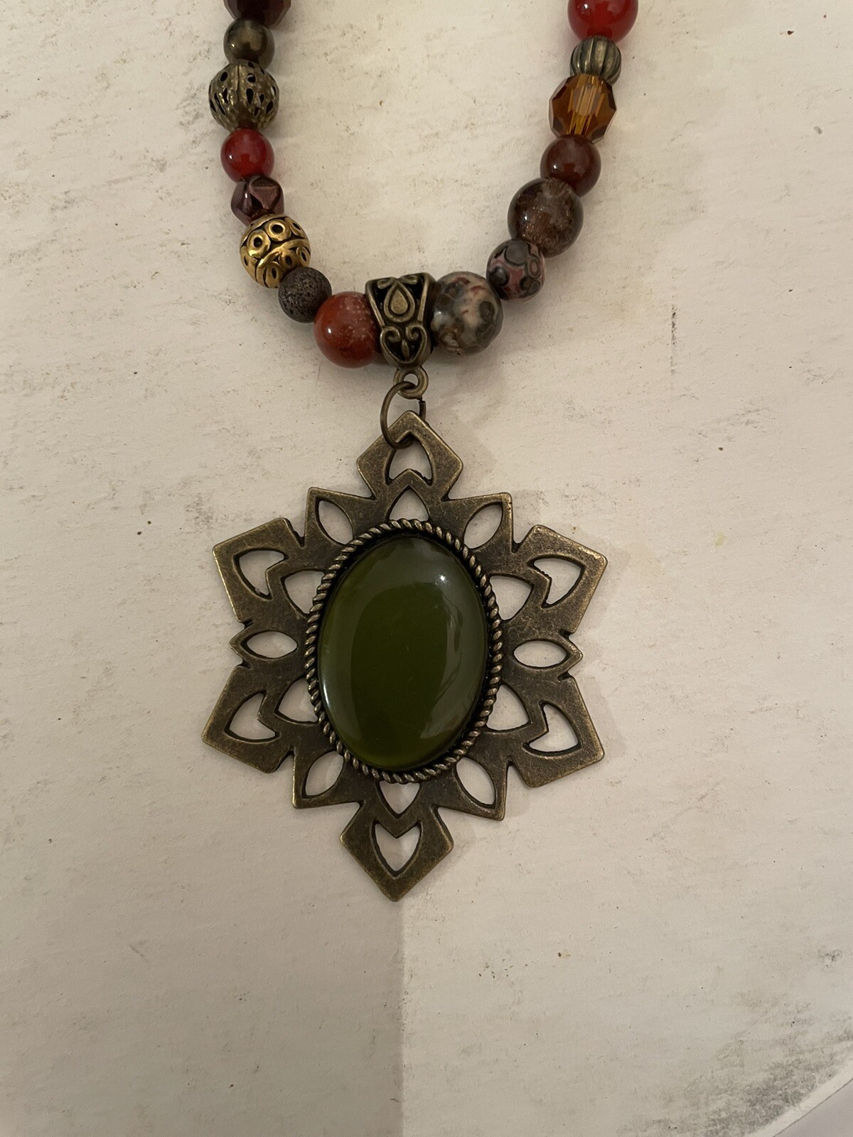 Retro Gothic Brass W/ Green Aventurine Jasper Hematite Crystal Bead Necklace