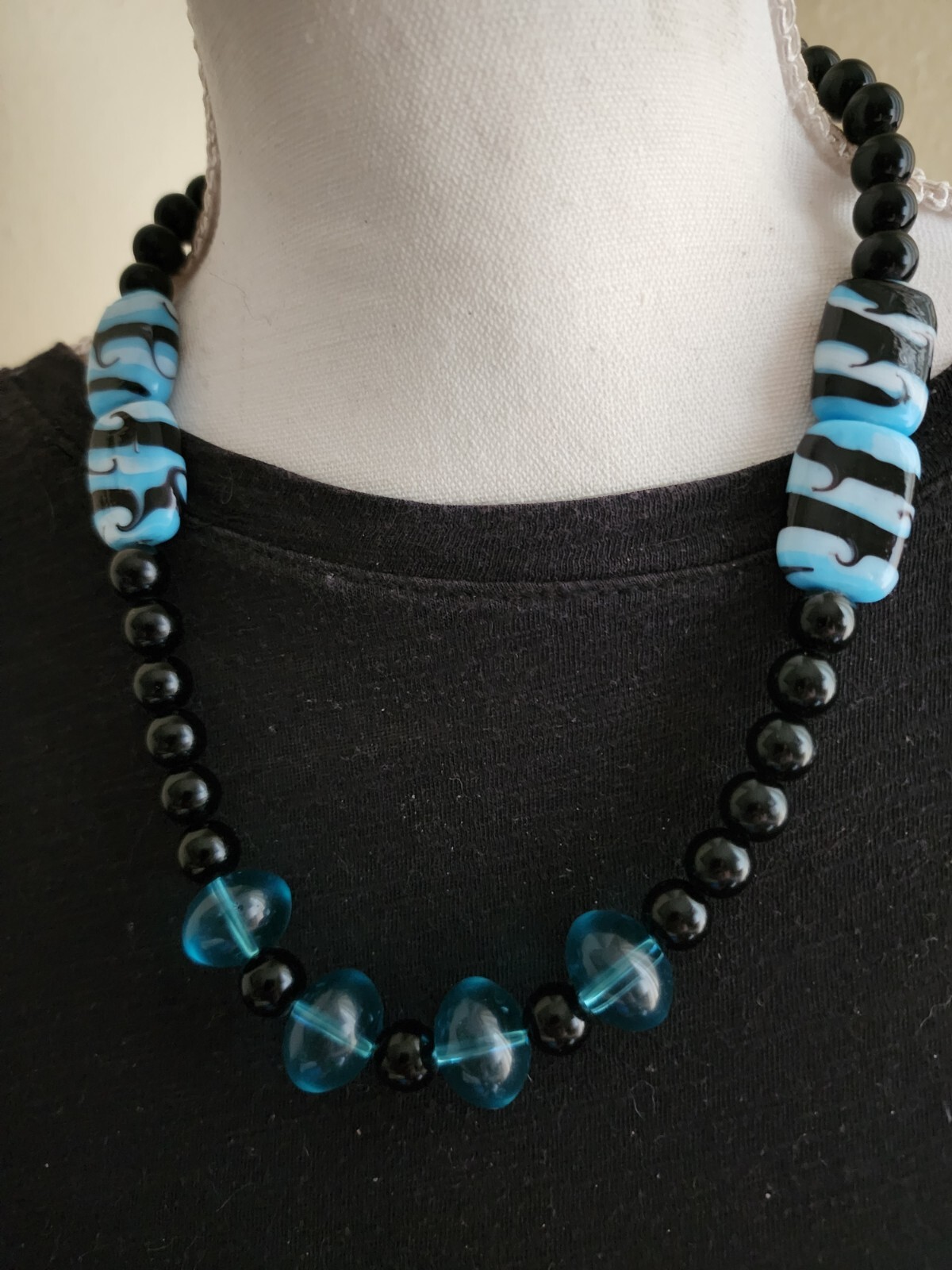 Blue And Black Glass Beaded Necklace MUST SEE PHOTOS