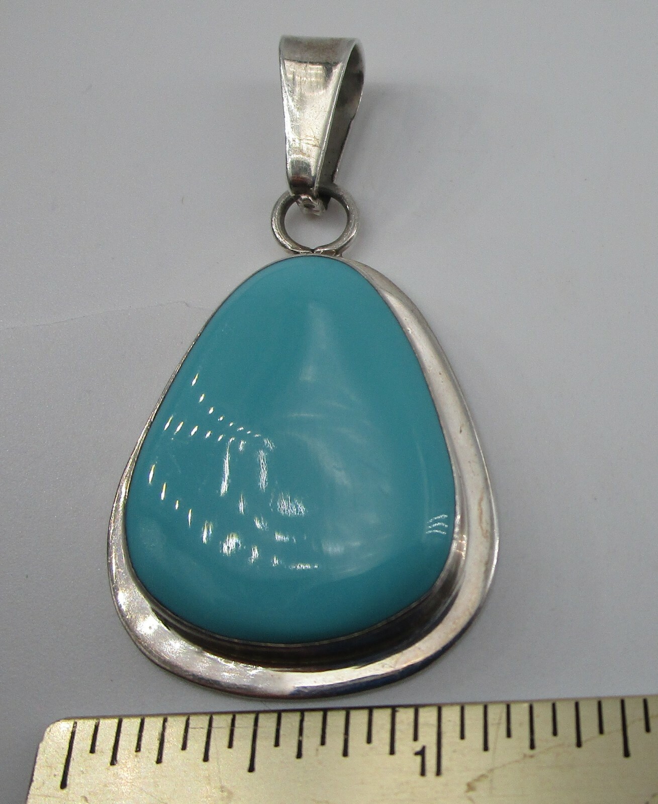 Sterling Silver Pendant Pear Shape Cabochon Turquoise Mexico 2-1/8″ Sign ATI
